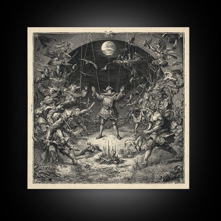 The Marionette Master, Renaissance Engraving Art, Square Wall Art, Dark Halloween Decor, Framed Canvas Print, Halloween Wall Art