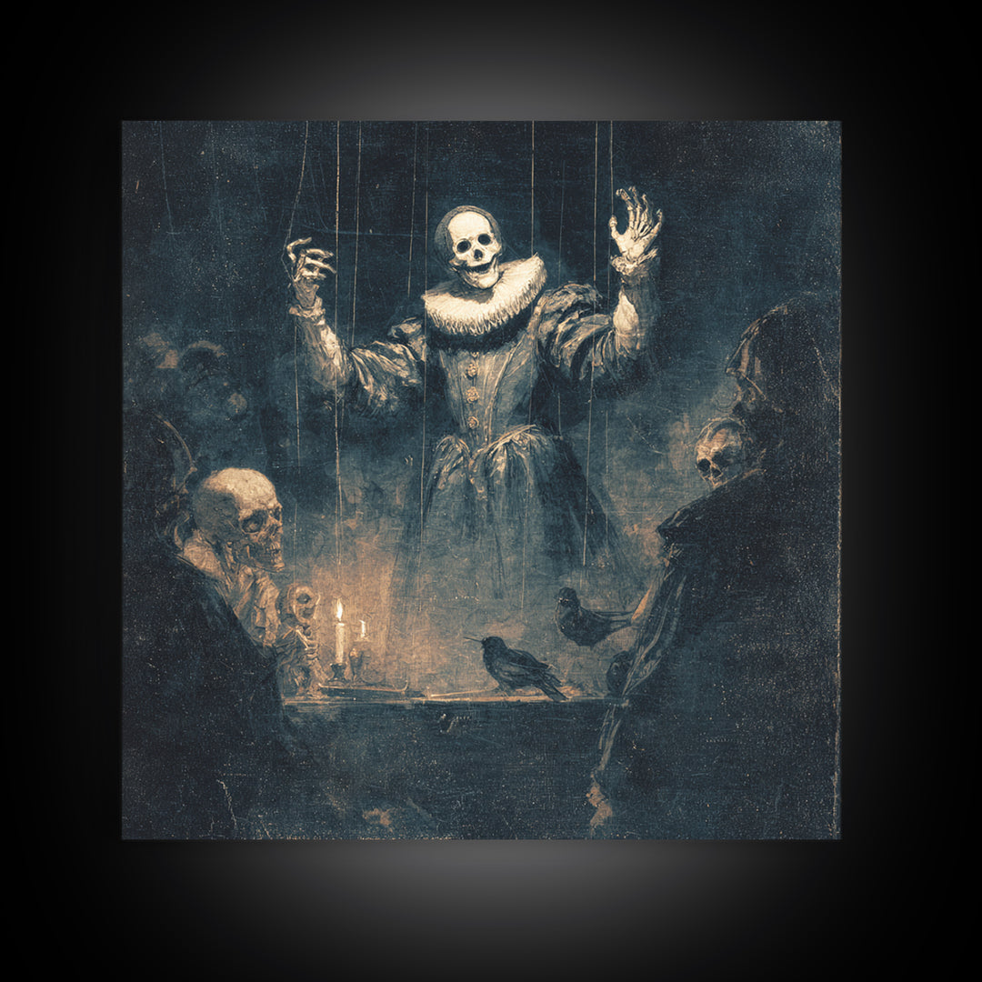The Marionette Master, Danse Macabre Art, Square Wall Art, Dark Halloween Decor, Framed Canvas Print, Halloween Wall Art