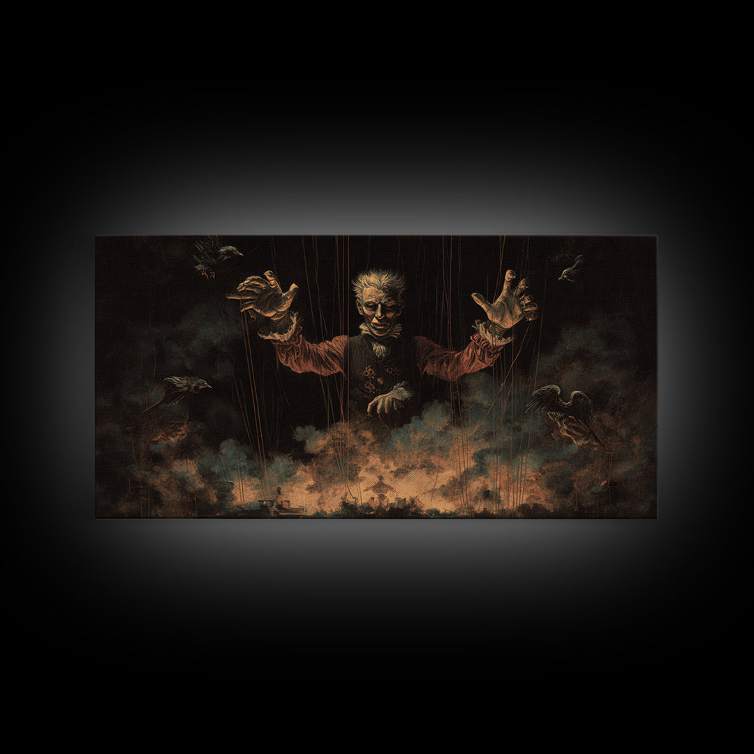 The Marionette Master, Visionary Gothic Art, Wide Panoramic Art, Dark Halloween Decor, Framed Canvas Print, Halloween Wall Art