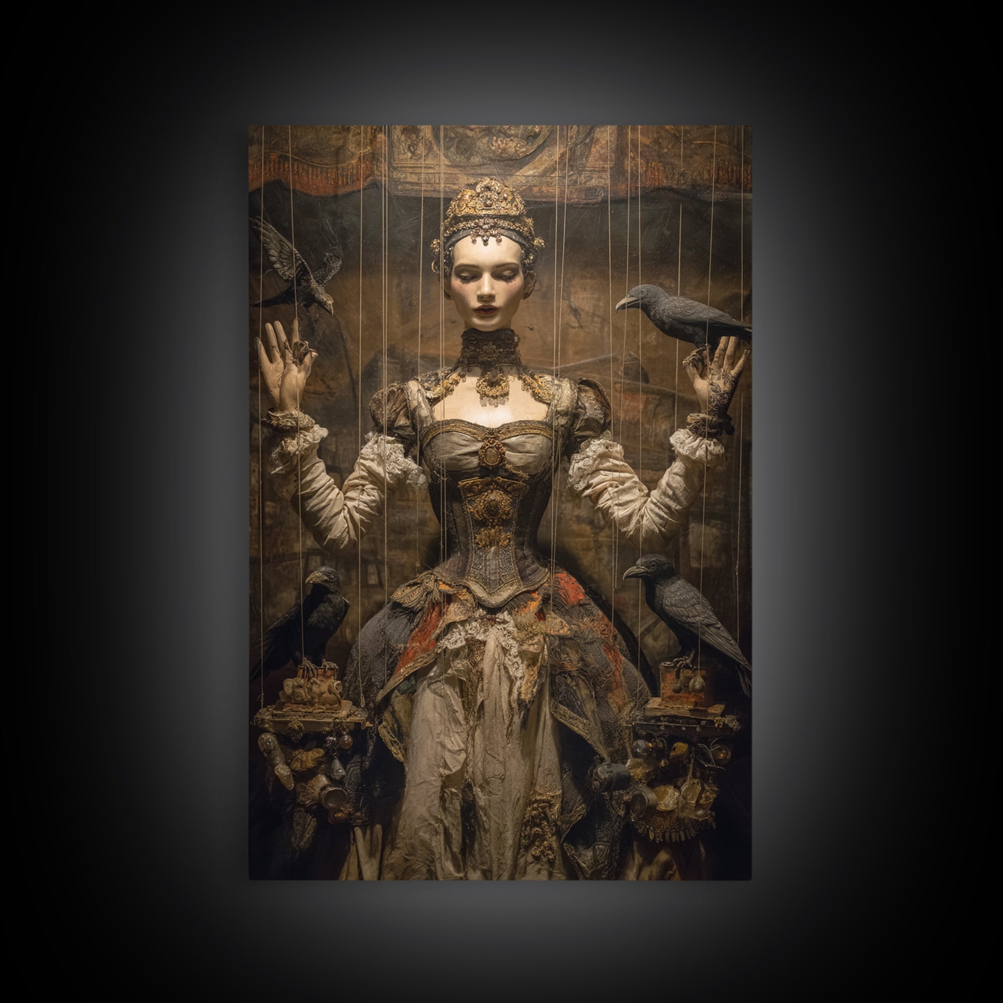 The Marionette Master, Ornate Symbolist Art, Vertical Wall Art, Dark Halloween Decor, Canvas Print, Halloween Wall Art