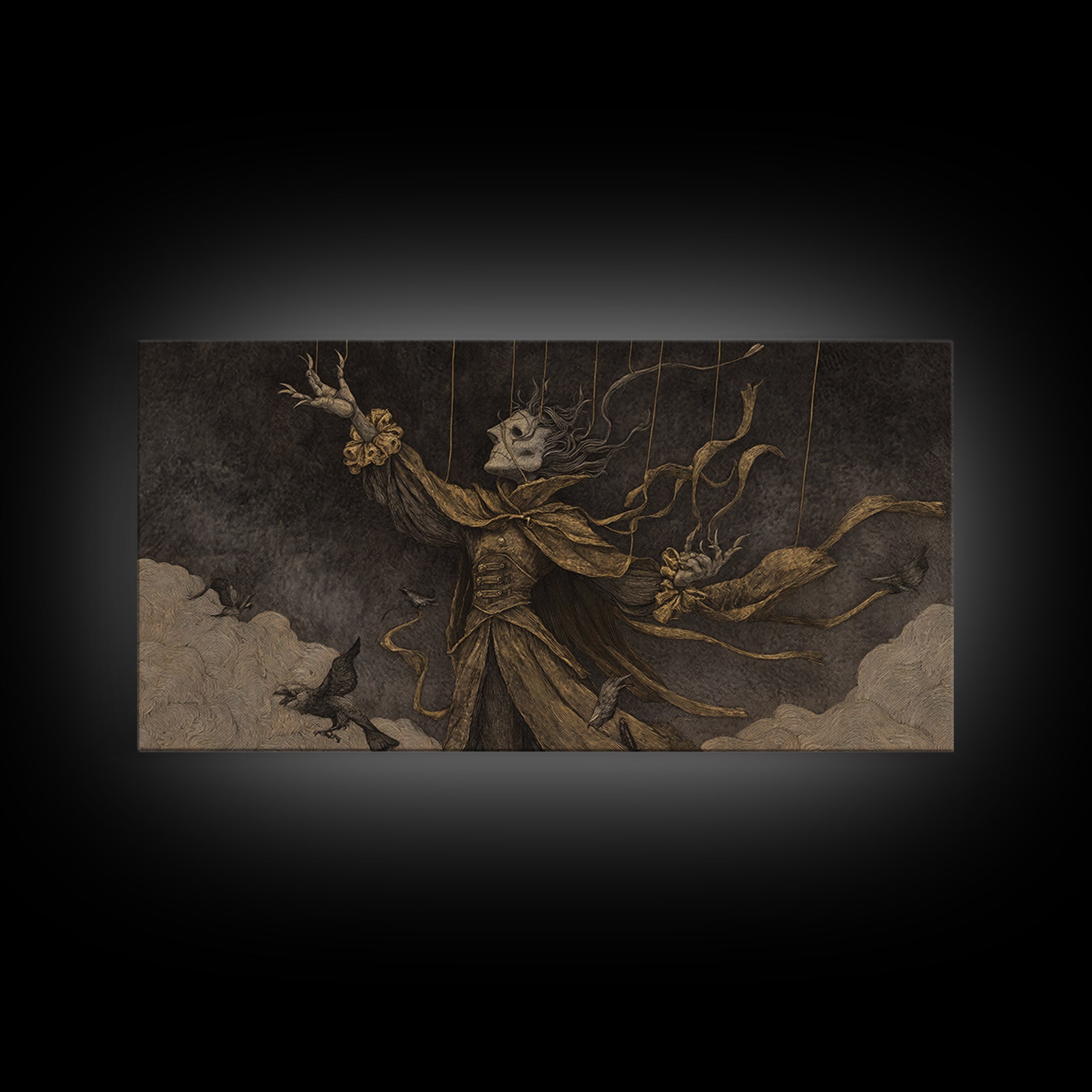 The Marionette Master, Expressionist Nightmare Art, Wide Panoramic Art, Dark Fantasy Wall Art, Canvas Print, Halloween Wall Art