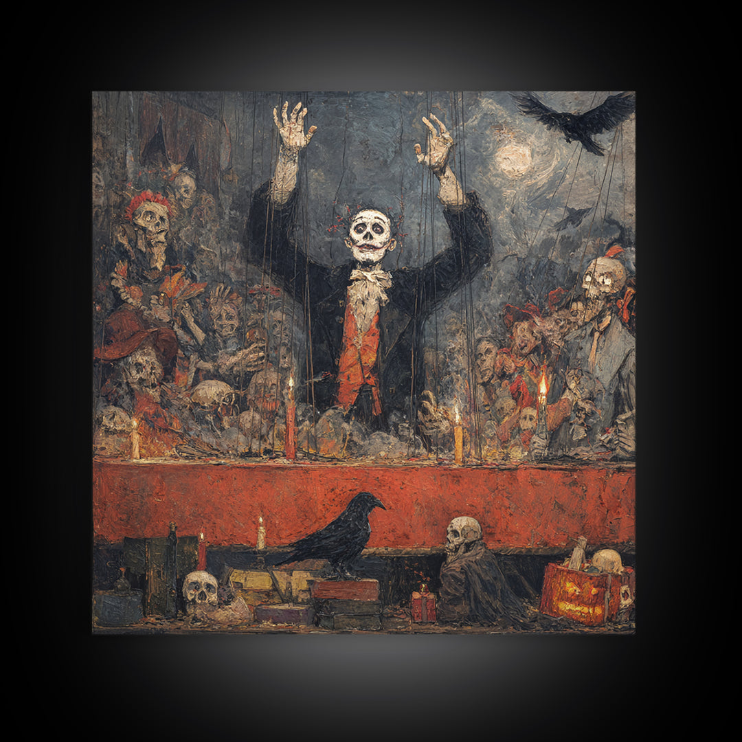 The Marionette Master, Grotesque Carnival Art, Square Wall Art, Dark Halloween Decor, Framed Canvas Print, Halloween Wall Art