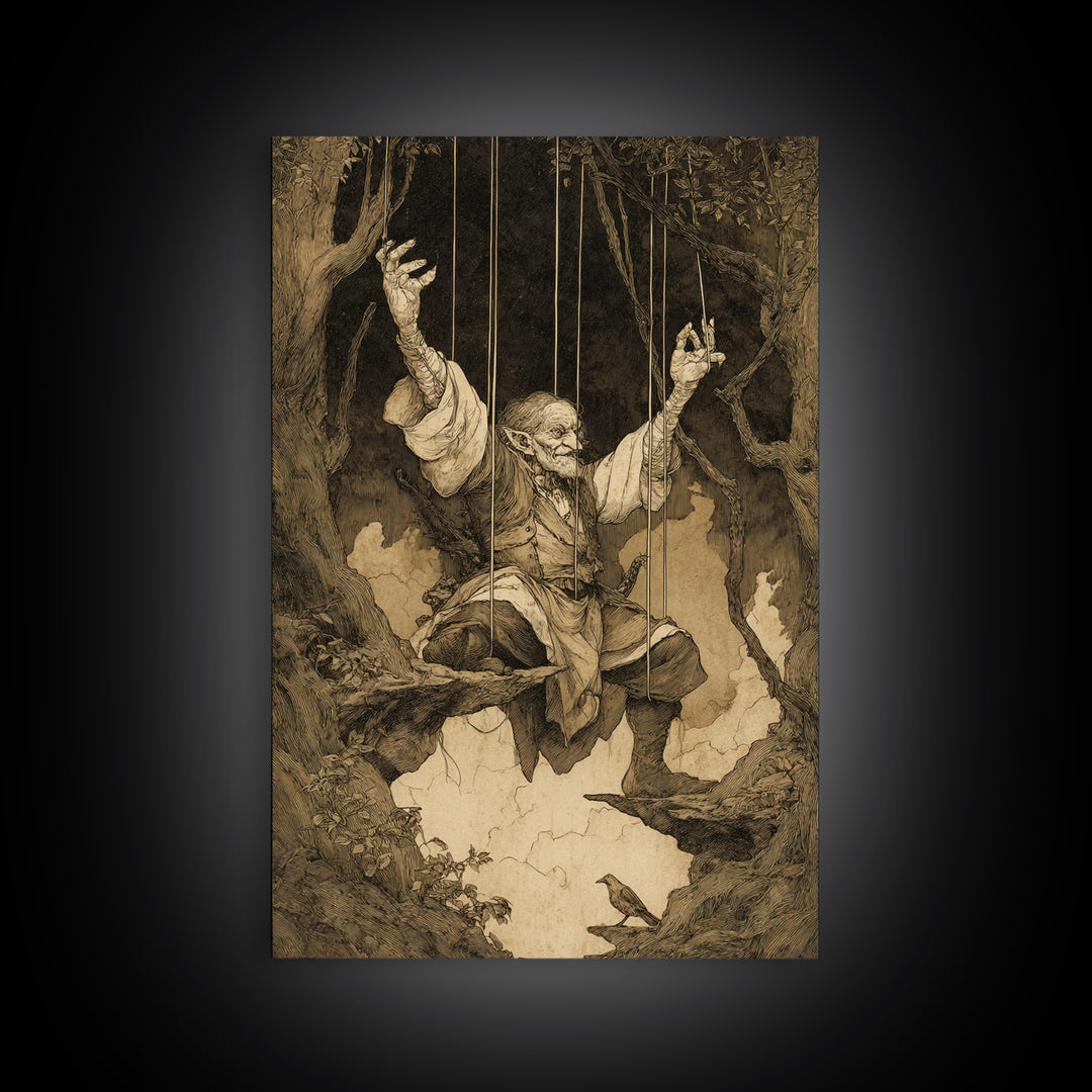 The Marionette Master, Gothic Storybook Art, Vertical Wall Art, Gothic Horror Wall Art, Canvas Print, Halloween Wall Art