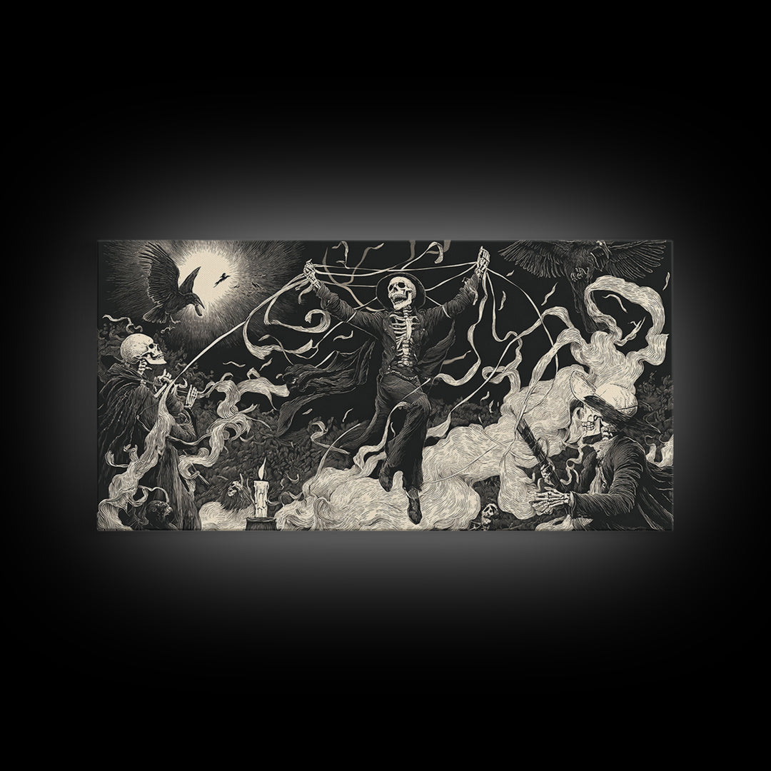 The Marionette Master, Macabre Folk Print Art, Wide Panoramic Art, Dark Halloween Decor, Framed Canvas Print, Halloween Wall Art