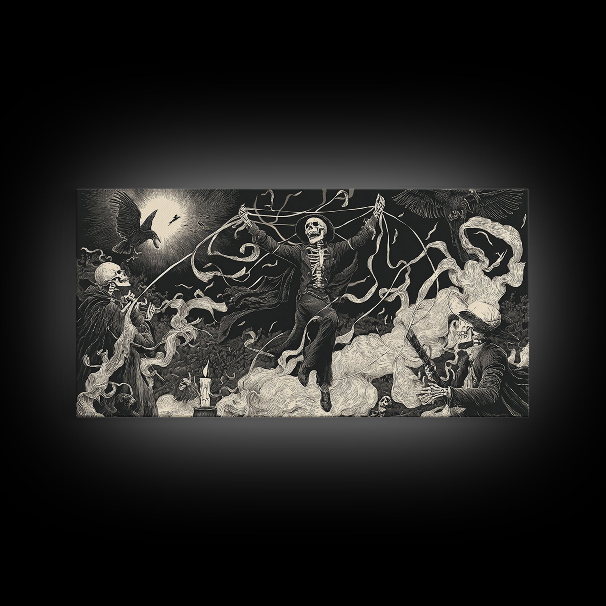 The Marionette Master, Macabre Folk Print Art, Wide Panoramic Art, Dark Halloween Decor, Framed Canvas Print, Halloween Wall Art