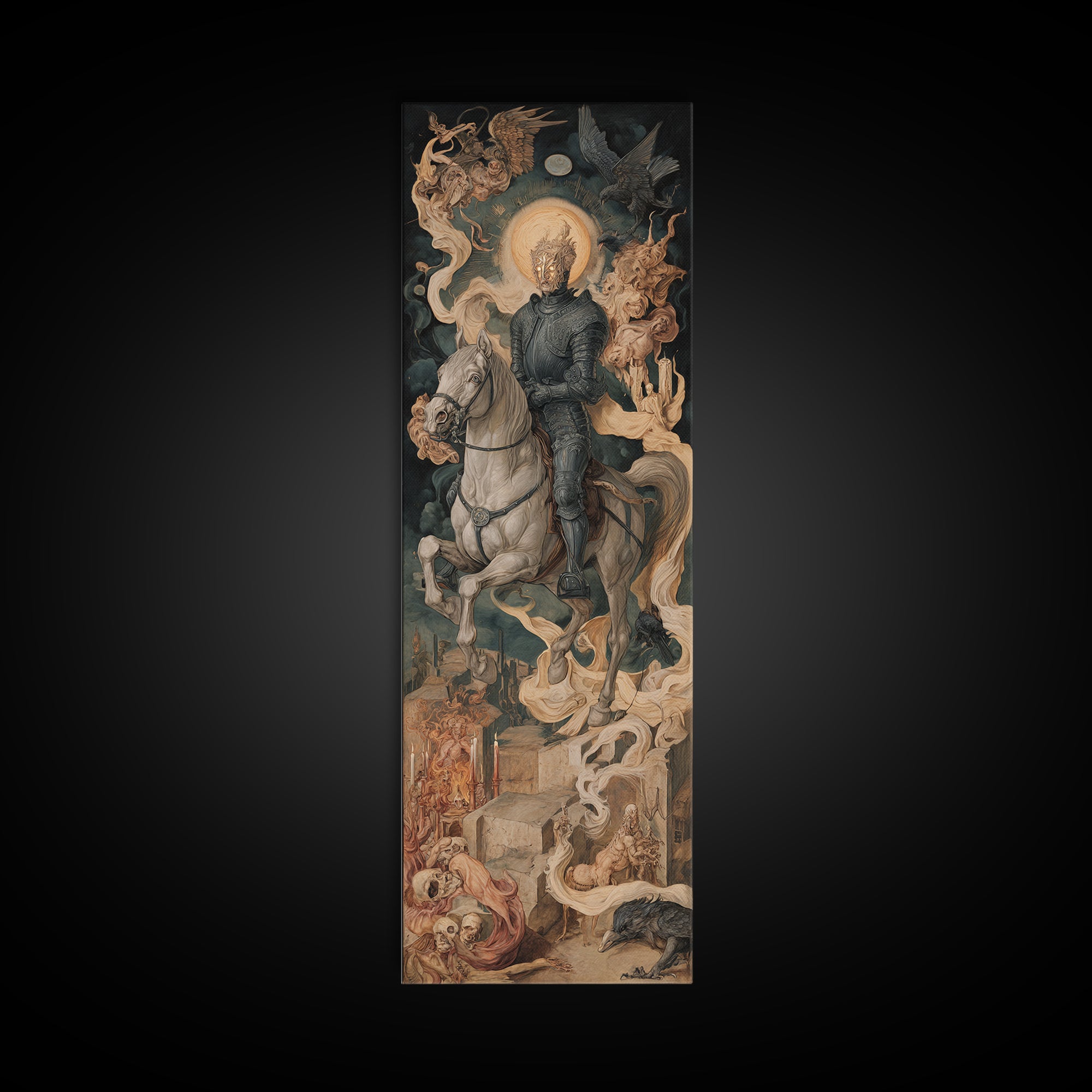 The Spectral Knight, Dark Renaissance Art, Tall Narrow Wall Art, Dark Halloween Decor, Canvas Print, Halloween Wall Art