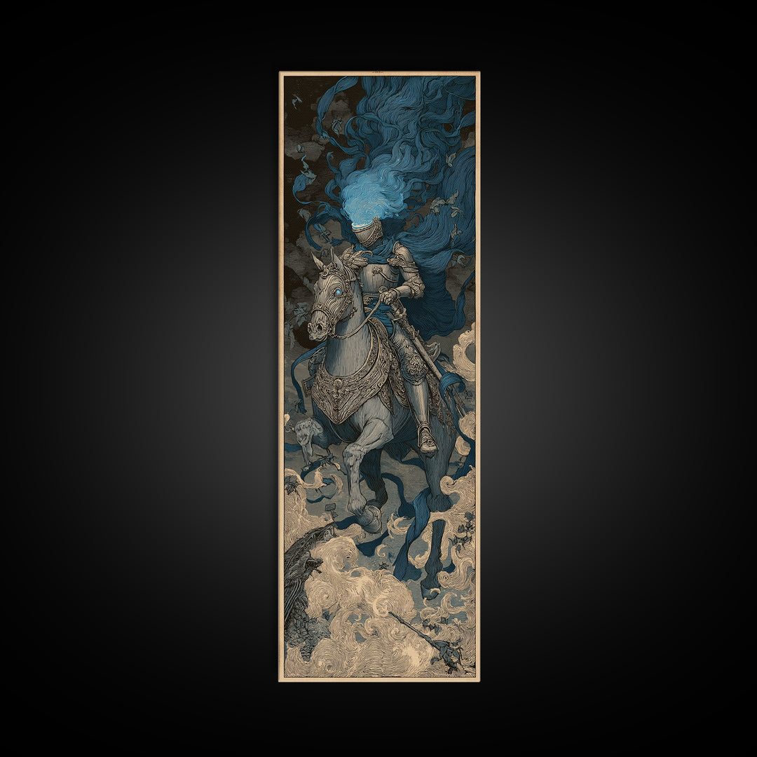 The Spectral Knight, Symbolist Etching Art, Tall Narrow Wall Art, Gothic Horror Wall Art, Framed Canvas Print, Halloween Wall Art