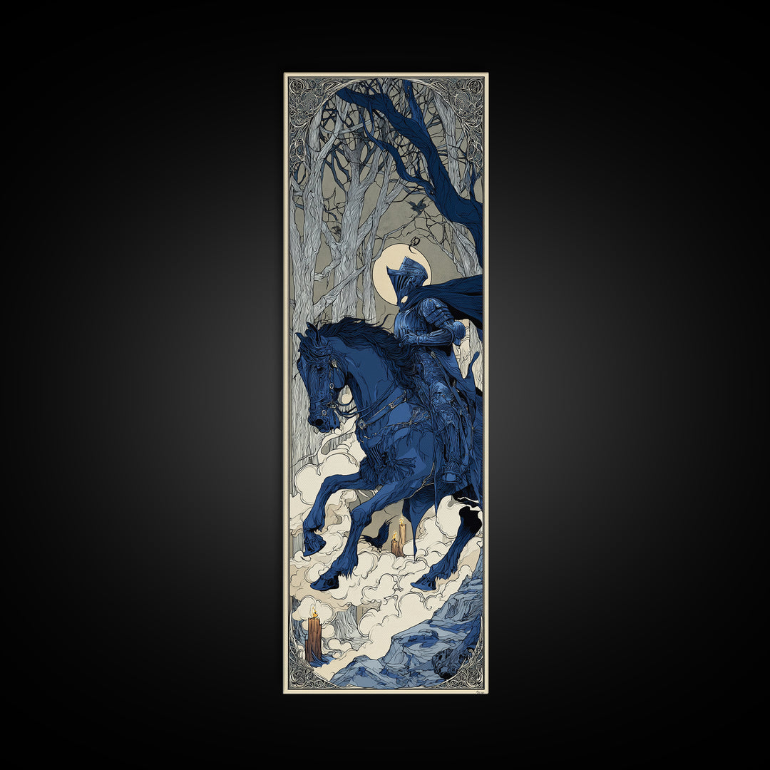 The Spectral Knight, Decadent Line Art, Tall Narrow Wall Art, Dark Fantasy Wall Art, Canvas Print, Halloween Wall Art