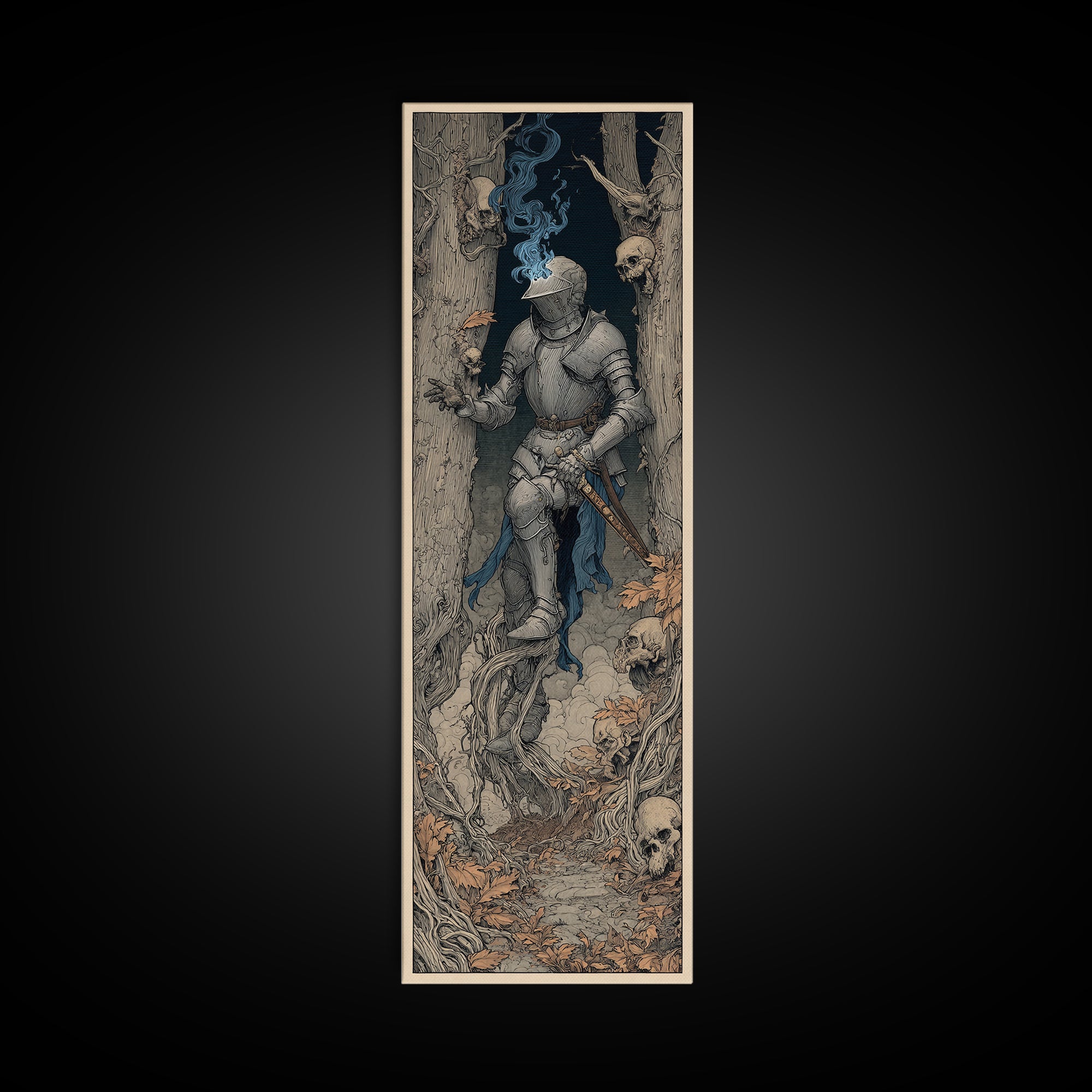 The Spectral Knight, Gothic Storybook Art, Tall Narrow Wall Art, Gothic Horror Wall Art, Framed Canvas Print, Halloween Wall Art