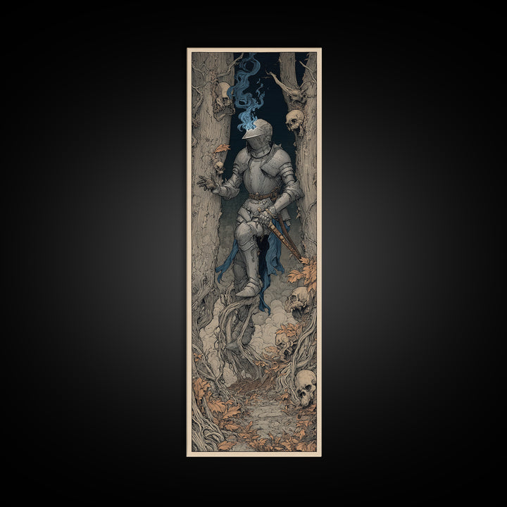 The Spectral Knight, Gothic Storybook Art, Tall Narrow Wall Art, Gothic Horror Wall Art, Framed Canvas Print, Halloween Wall Art