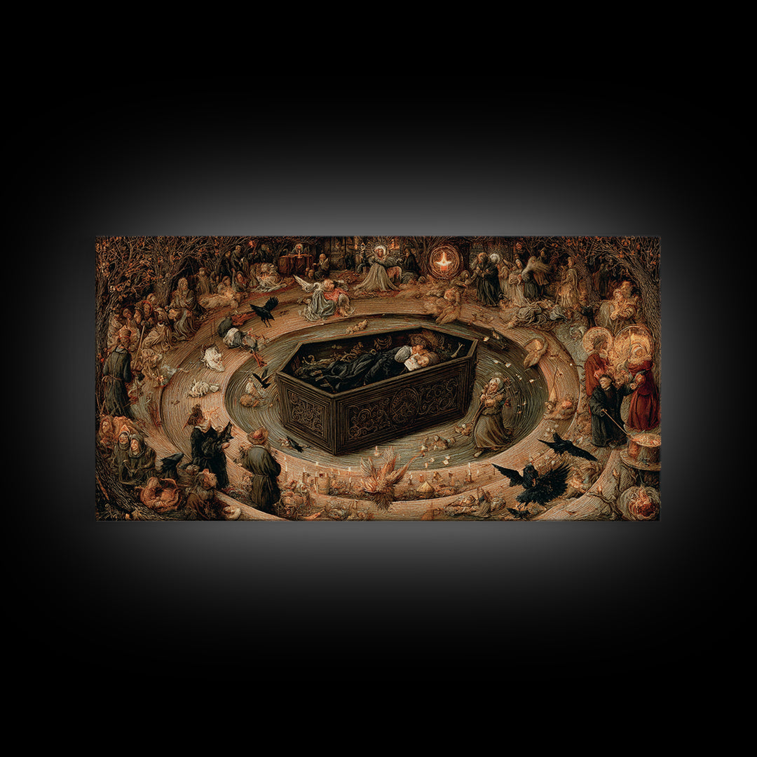The Coffin Sleeper, Northern Renaissance Horror, Wide Panoramic Art, Dark Halloween Decor, Canvas Print, Halloween Wall Art