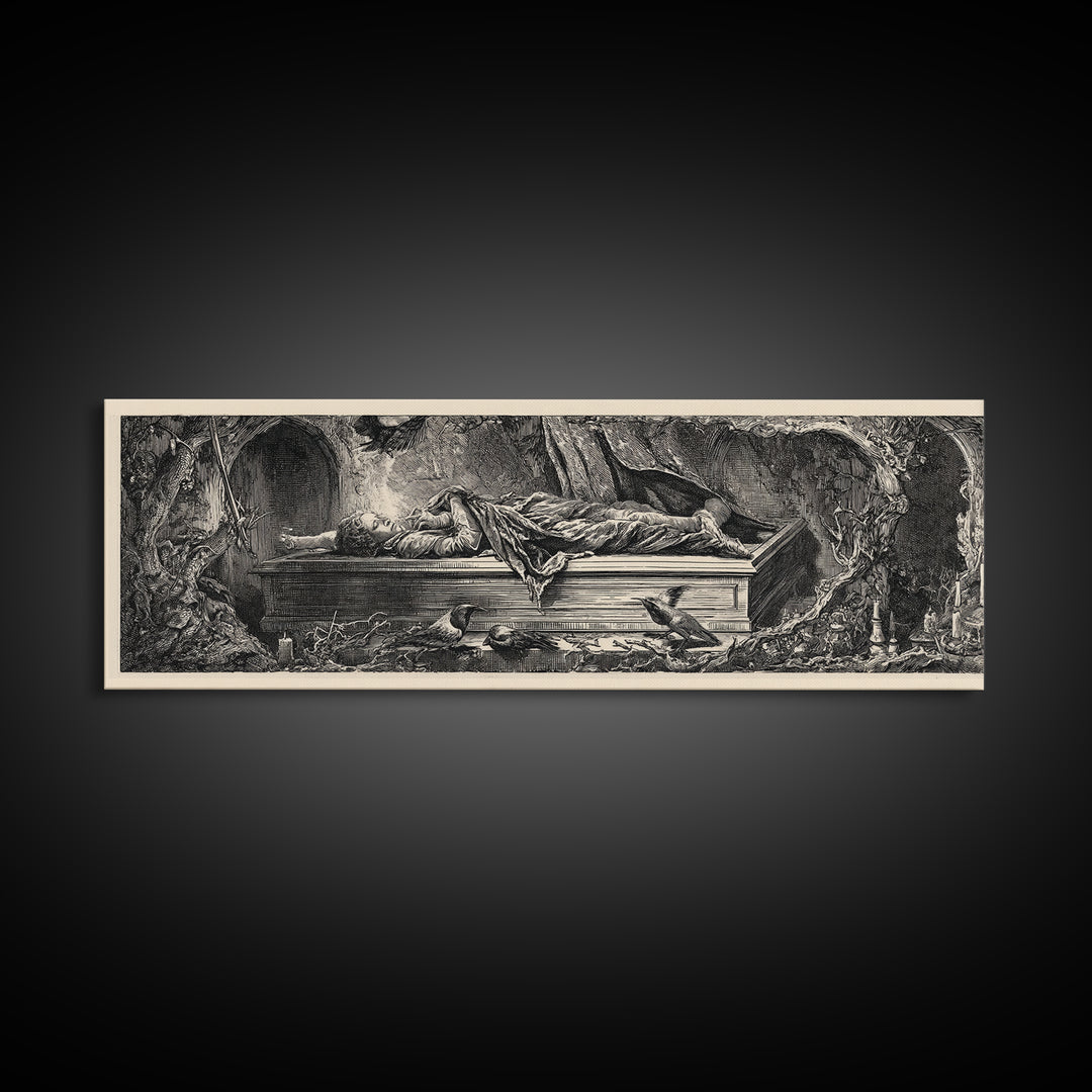 The Coffin Sleeper, Renaissance Engraving Art, Extra Wide Wall Art, Gothic Horror Wall Art, Canvas Print, Halloween Wall Art