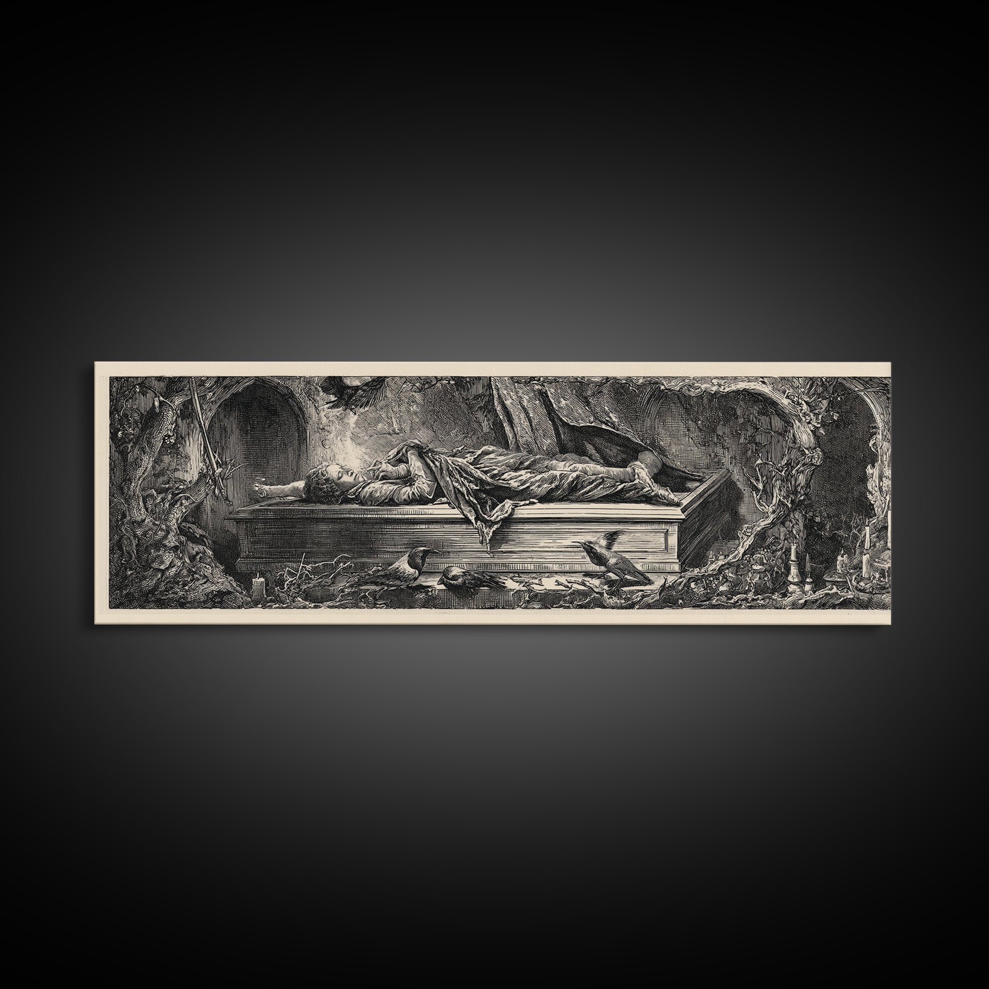 The Coffin Sleeper, Renaissance Engraving Art, Extra Wide Wall Art, Gothic Horror Wall Art, Canvas Print, Halloween Wall Art