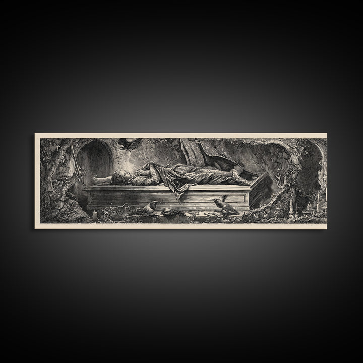 The Coffin Sleeper, Renaissance Engraving Art, Extra Wide Wall Art, Gothic Horror Wall Art, Canvas Print, Halloween Wall Art