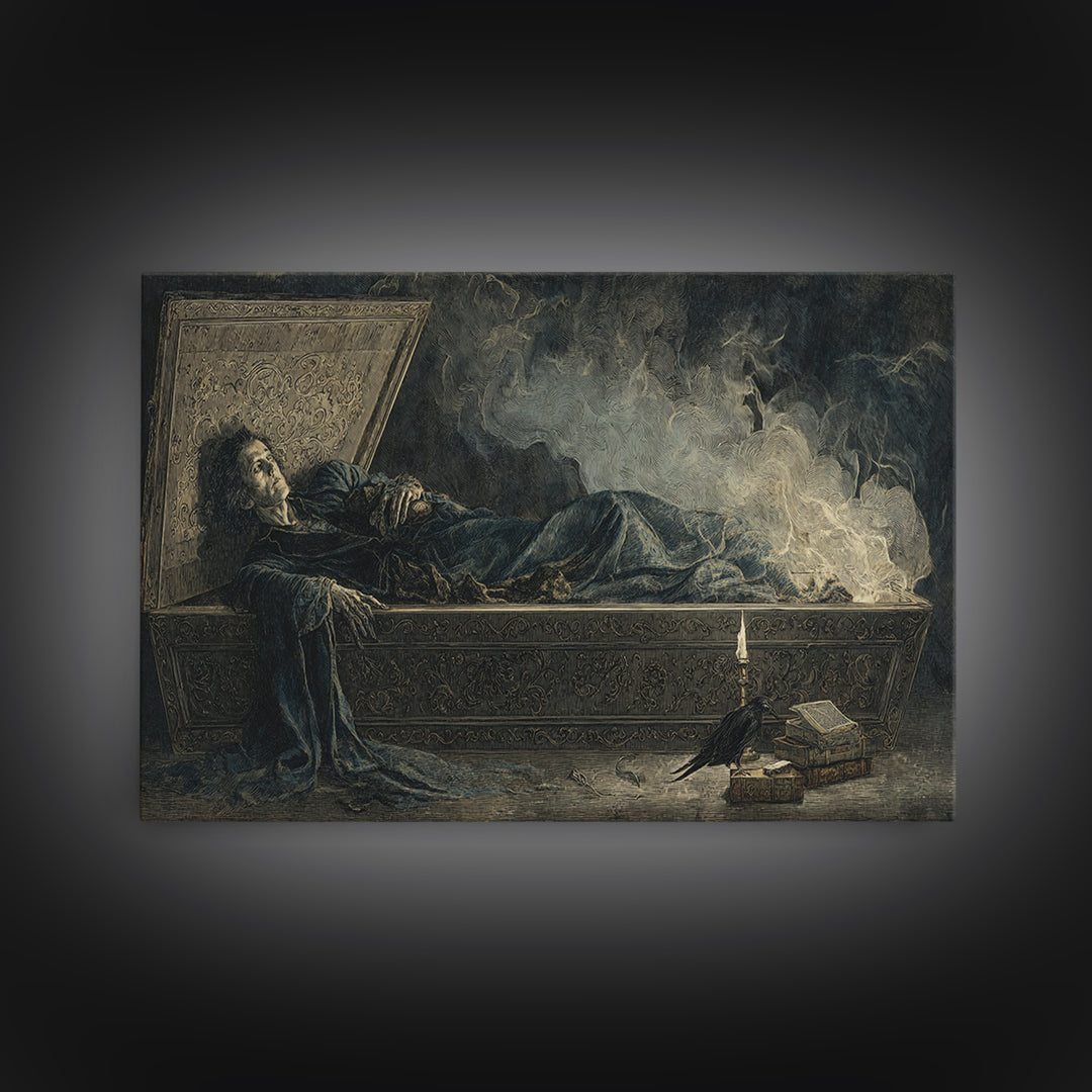 The Coffin Sleeper, Visionary Gothic Art, Wide Panoramic Art, Dark Fantasy Wall Art, Framed Canvas Print, Halloween Wall Art