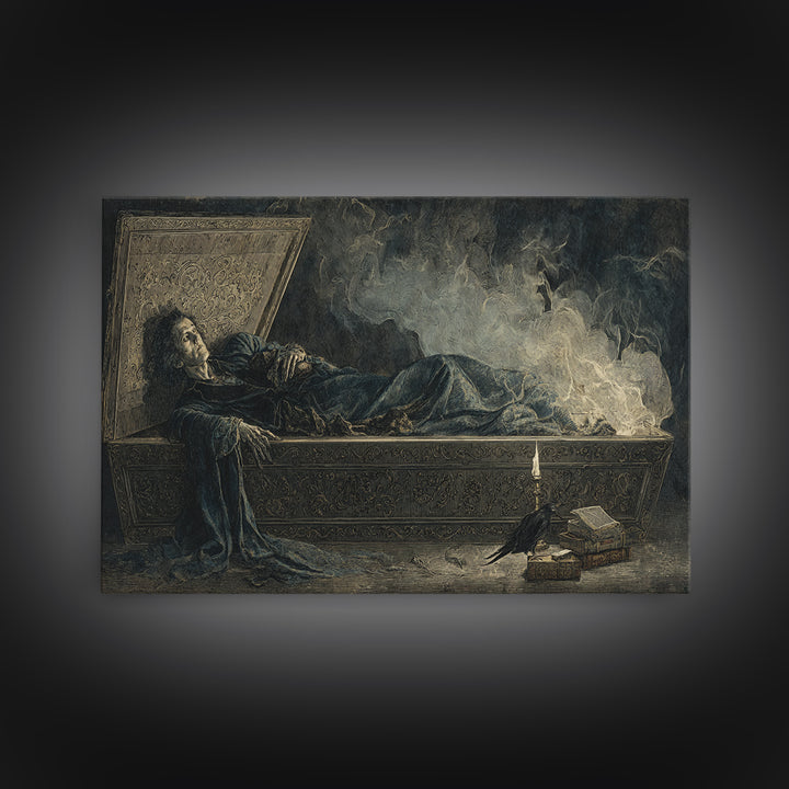 The Coffin Sleeper, Visionary Gothic Art, Wide Panoramic Art, Dark Fantasy Wall Art, Framed Canvas Print, Halloween Wall Art