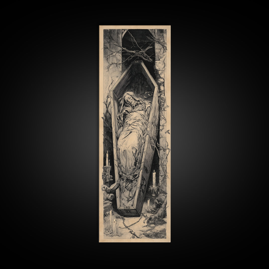 The Coffin Sleeper, Architectural Etching Art, Tall Narrow Wall Art, Gothic Horror Wall Art, Canvas Print, Halloween Wall Art