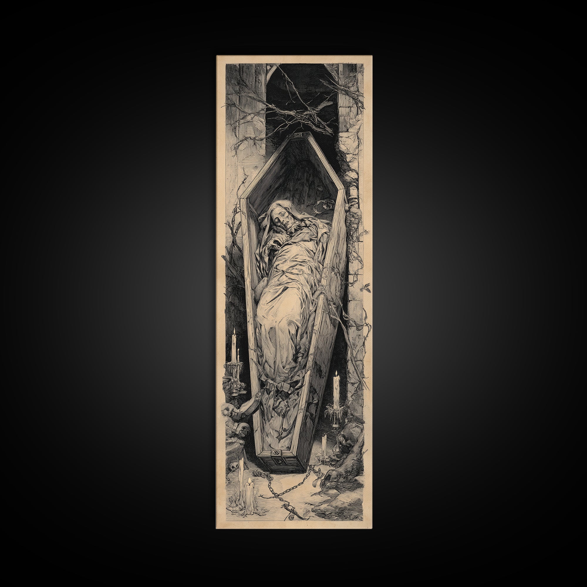 The Coffin Sleeper, Architectural Etching Art, Tall Narrow Wall Art, Gothic Horror Wall Art, Canvas Print, Halloween Wall Art