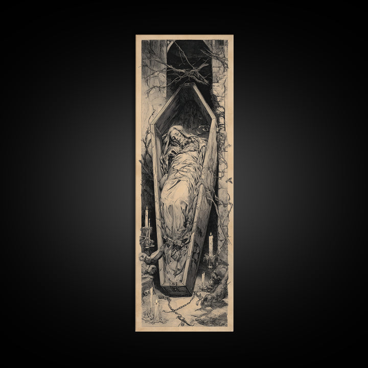 The Coffin Sleeper, Architectural Etching Art, Tall Narrow Wall Art, Gothic Horror Wall Art, Canvas Print, Halloween Wall Art