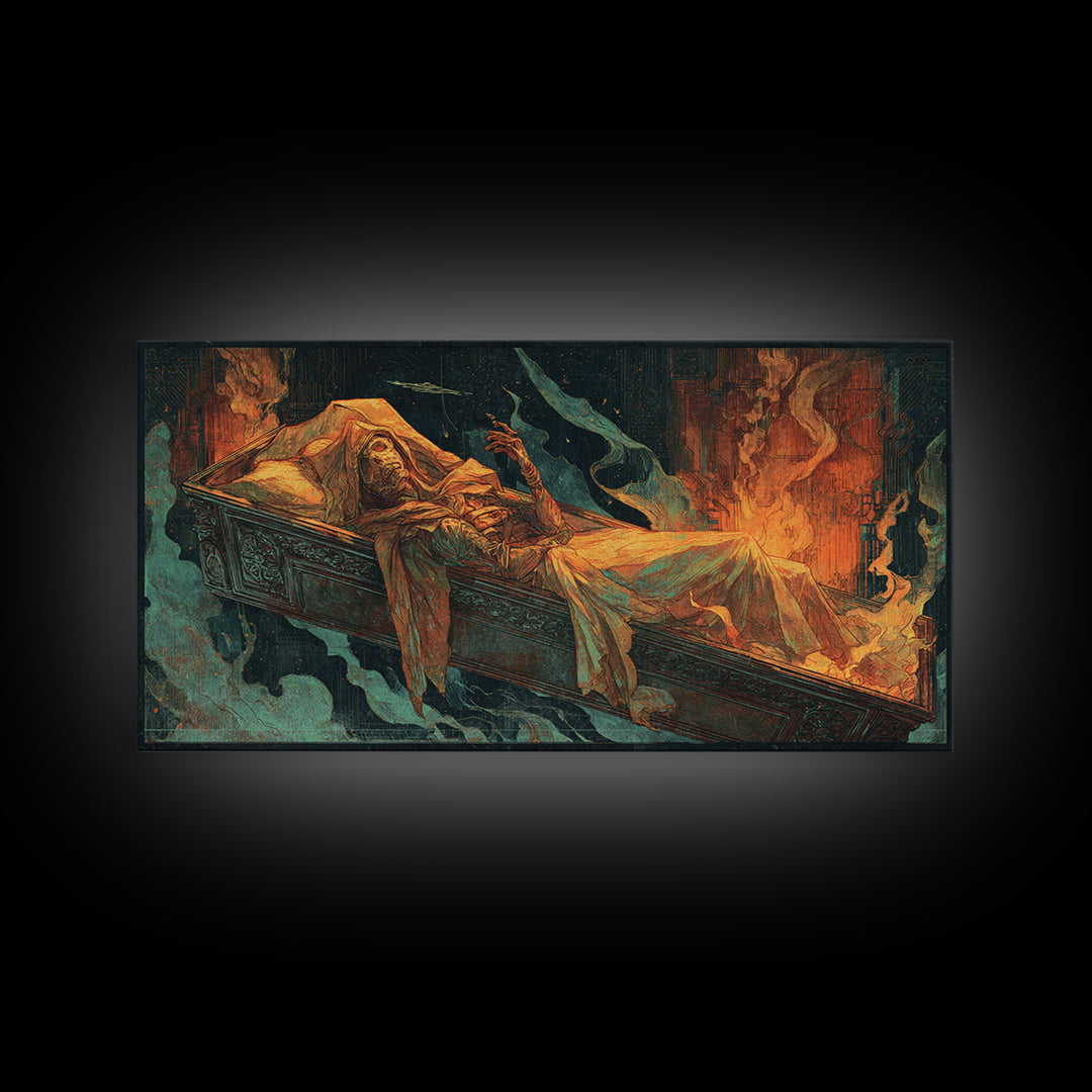 The Coffin Sleeper, Apocalyptic Romantic Art, Wide Panoramic Art, Dark Halloween Decor, Canvas Print, Halloween Wall Art, Dark Fantasy Art