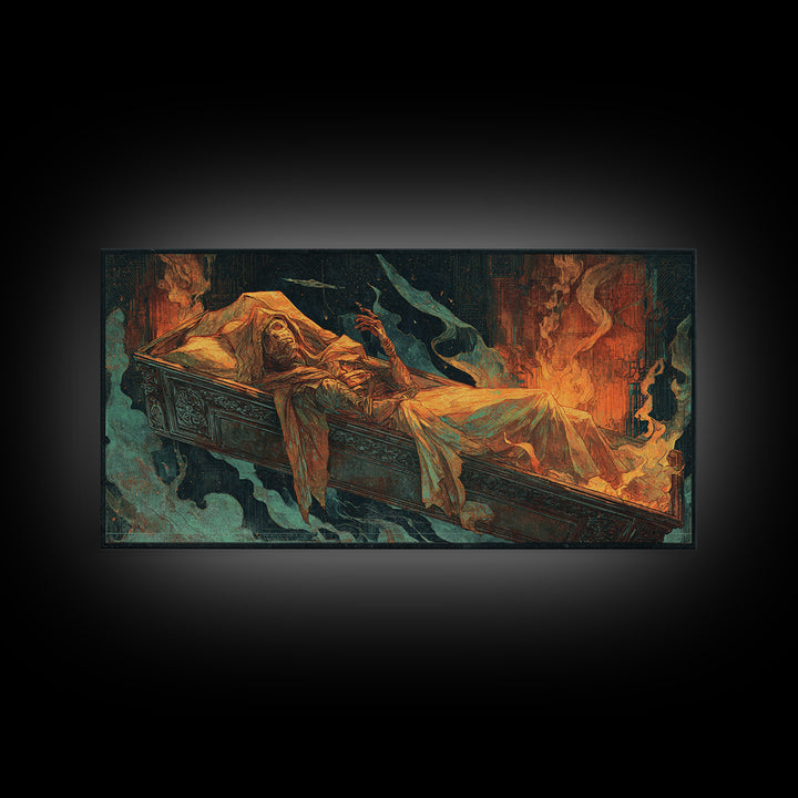 The Coffin Sleeper, Apocalyptic Romantic Art, Wide Panoramic Art, Dark Halloween Decor, Canvas Print, Halloween Wall Art, Dark Fantasy Art