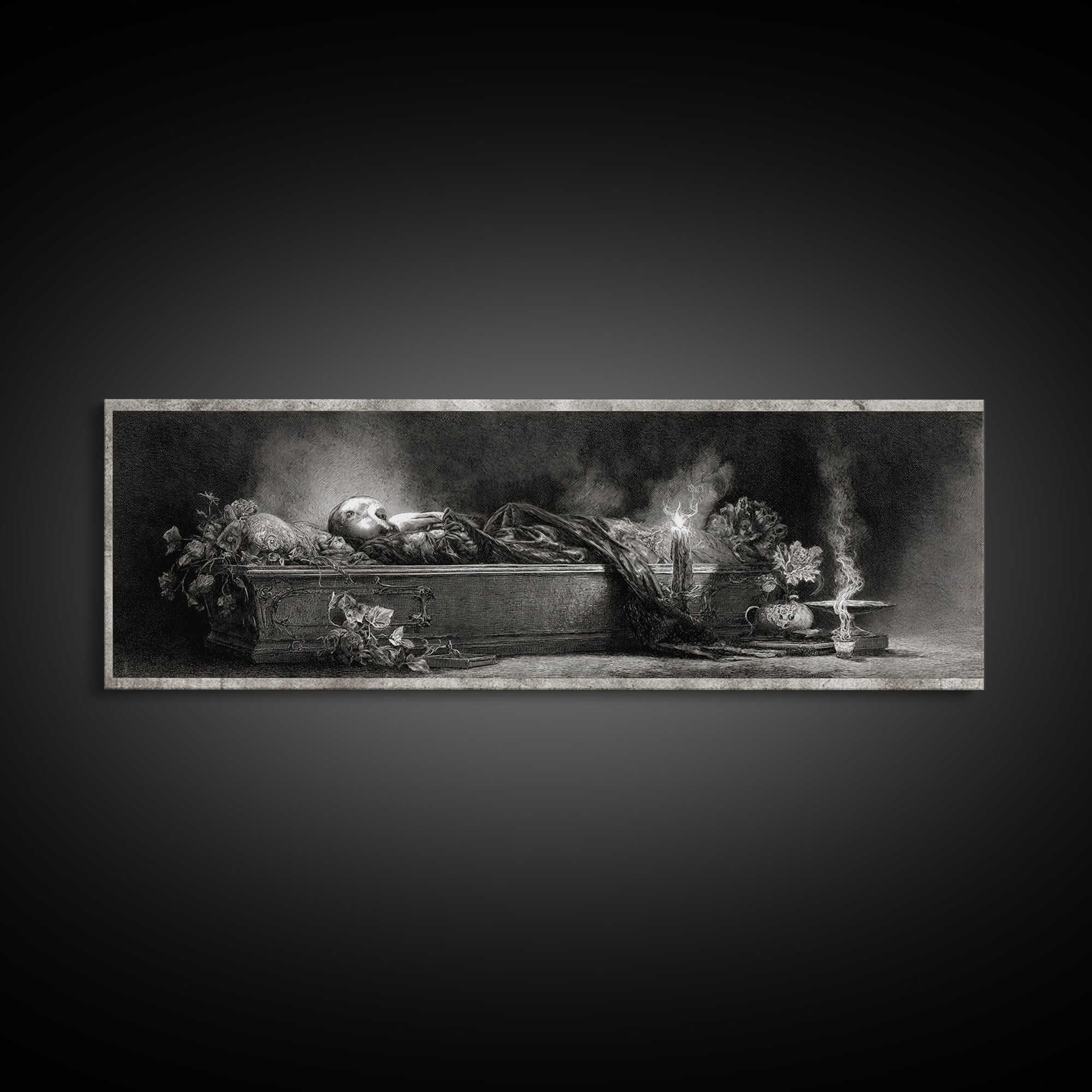 The Coffin Sleeper, Symbolist Dream Art, Extra Wide Wall Art, Dark Fantasy Wall Art, Canvas Print, Halloween Wall Art