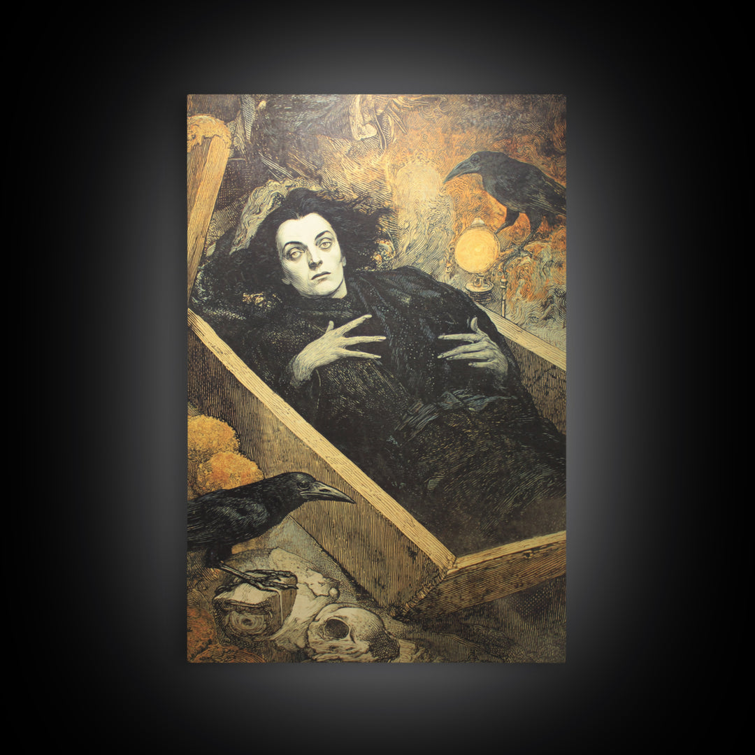 The Coffin Sleeper, Symbolist Etching Art, Vertical Wall Art, Gothic Horror Wall Art, Framed Canvas Print, Halloween Wall Art