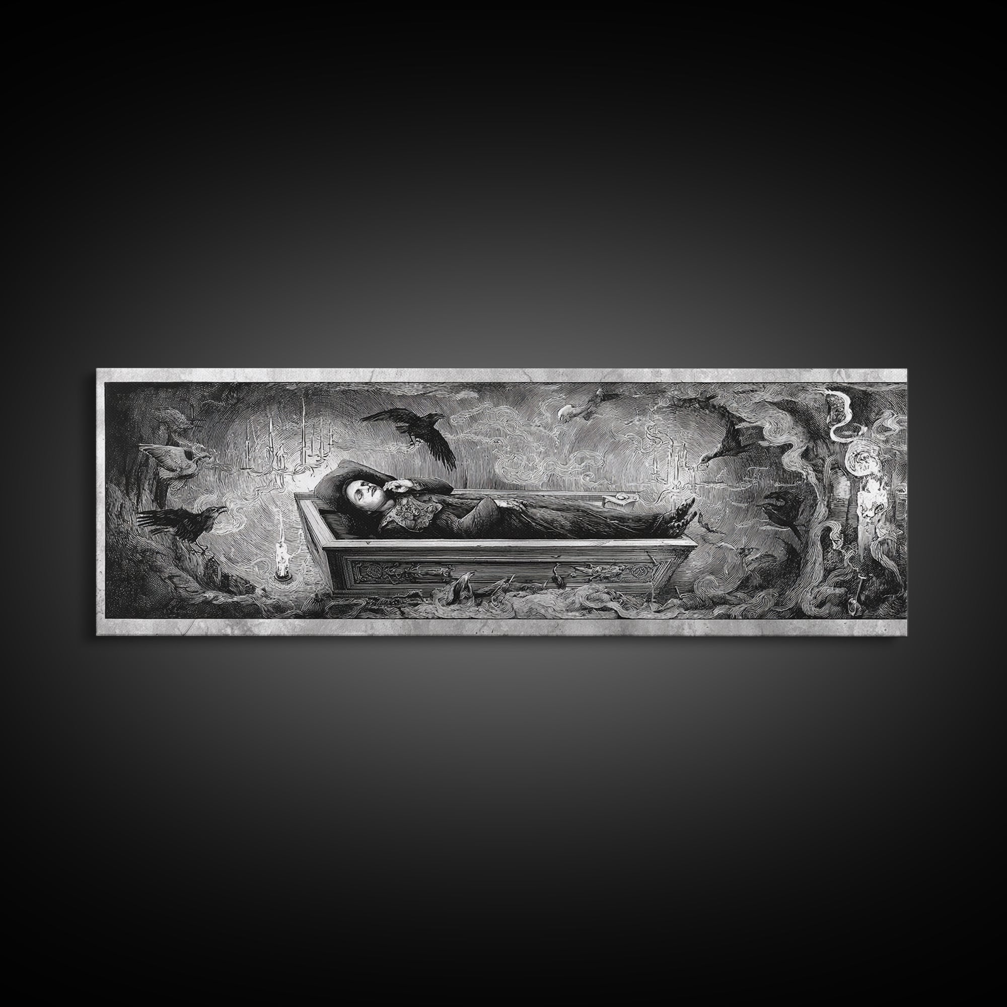 The Coffin Sleeper, Expressionist Nightmare Art, Extra Wide Wall Art, Gothic Horror Wall Art, Framed Canvas Print, Halloween Wall Art
