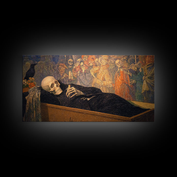 The Coffin Sleeper, Grotesque Carnival Art, Wide Panoramic Art, Dark Halloween Decor, Framed Canvas Print, Halloween Wall Art