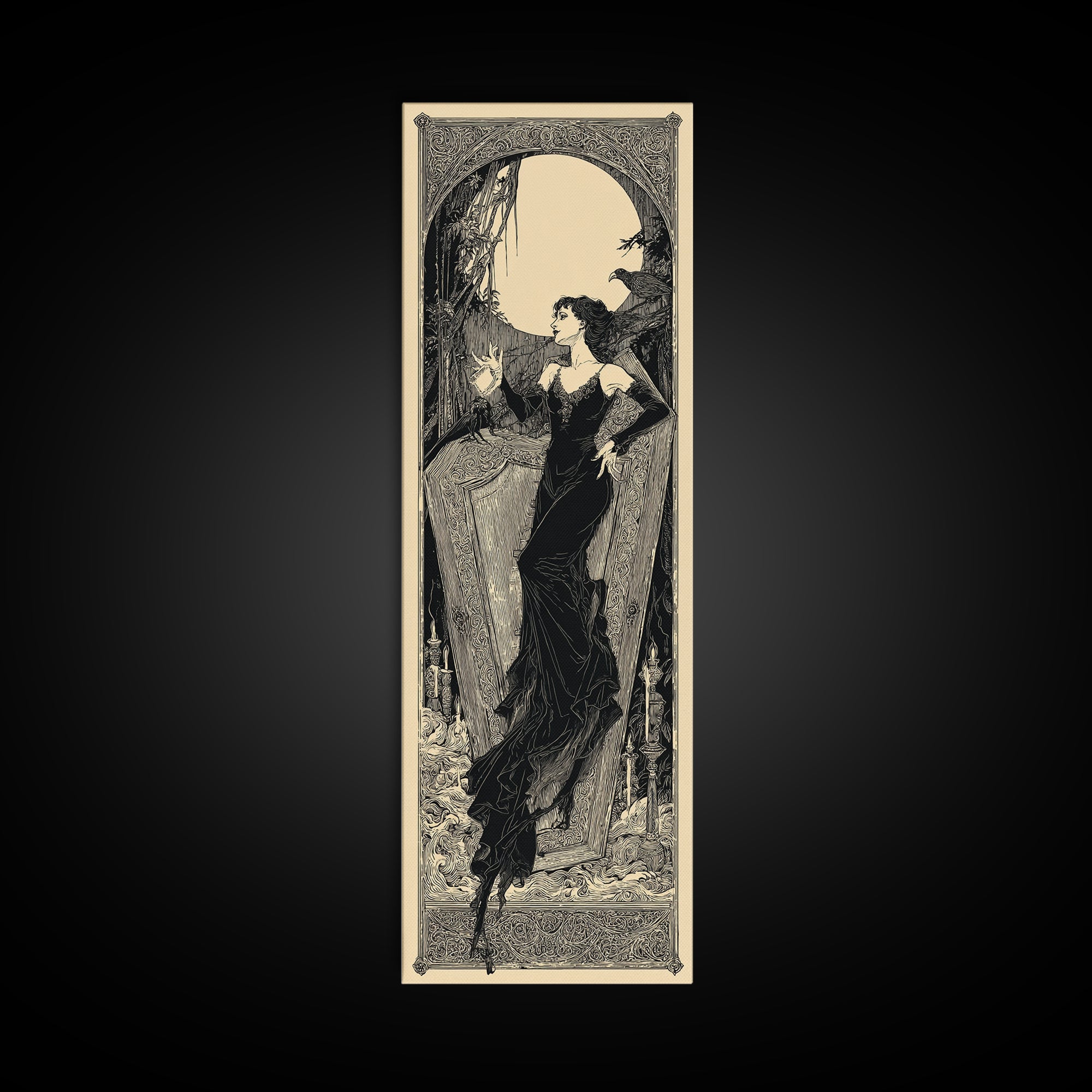 The Coffin Sleeper, Decadent Line Art, Tall Narrow Wall Art, Gothic Horror Wall Art, Canvas Print, Halloween Wall Art