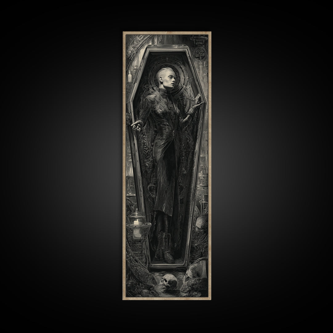The Coffin Sleeper, Biomechanical Horror Art, Tall Narrow Wall Art, Gothic Horror Wall Art, Framed Canvas Print, Halloween Wall Art