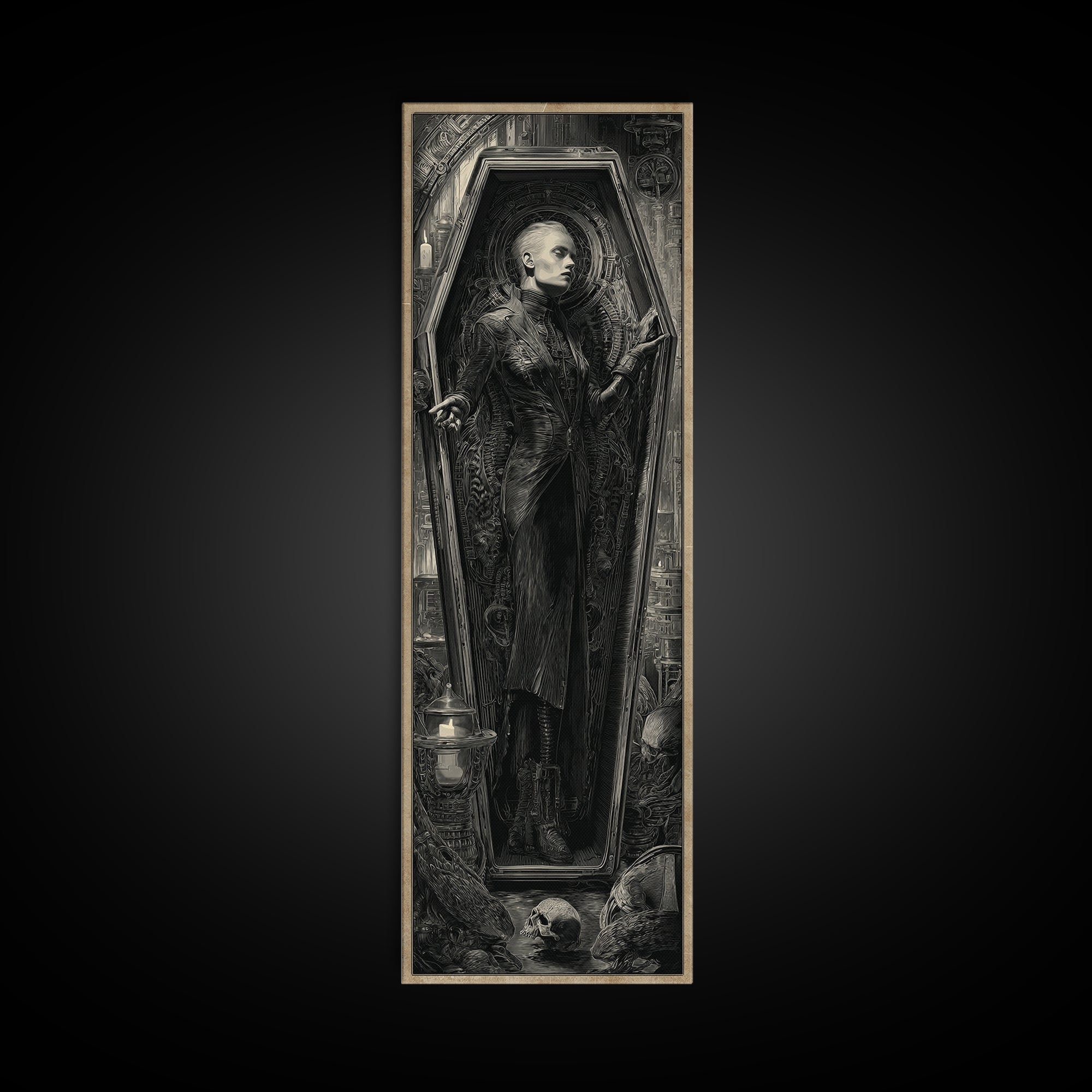 The Coffin Sleeper, Biomechanical Horror Art, Tall Narrow Wall Art, Gothic Horror Wall Art, Framed Canvas Print, Halloween Wall Art