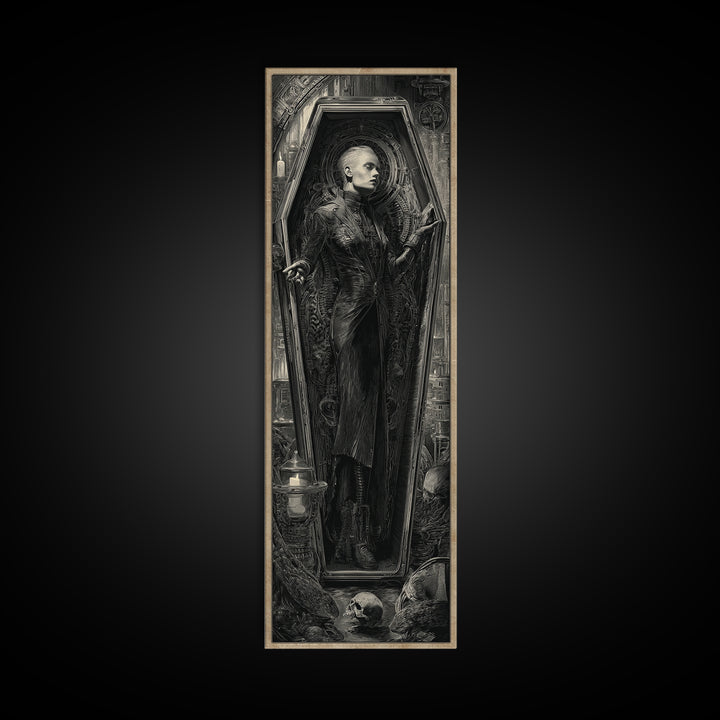 The Coffin Sleeper, Biomechanical Horror Art, Tall Narrow Wall Art, Gothic Horror Wall Art, Framed Canvas Print, Halloween Wall Art