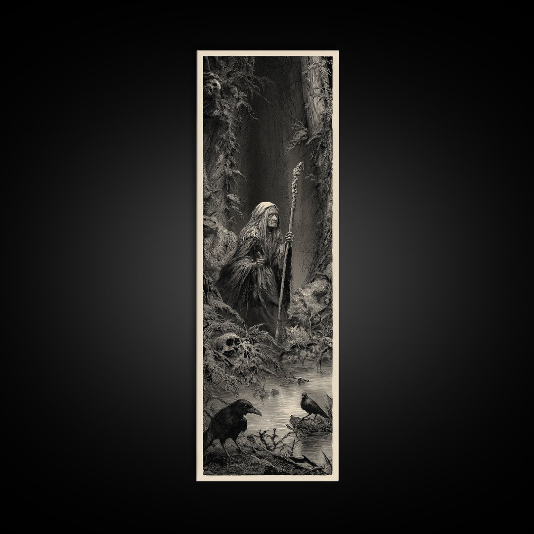 The Swamp Witch, Gothic Engraving Art, Tall Narrow Wall Art, Macabre Wall Art, Framed Canvas Print, Halloween Wall Art
