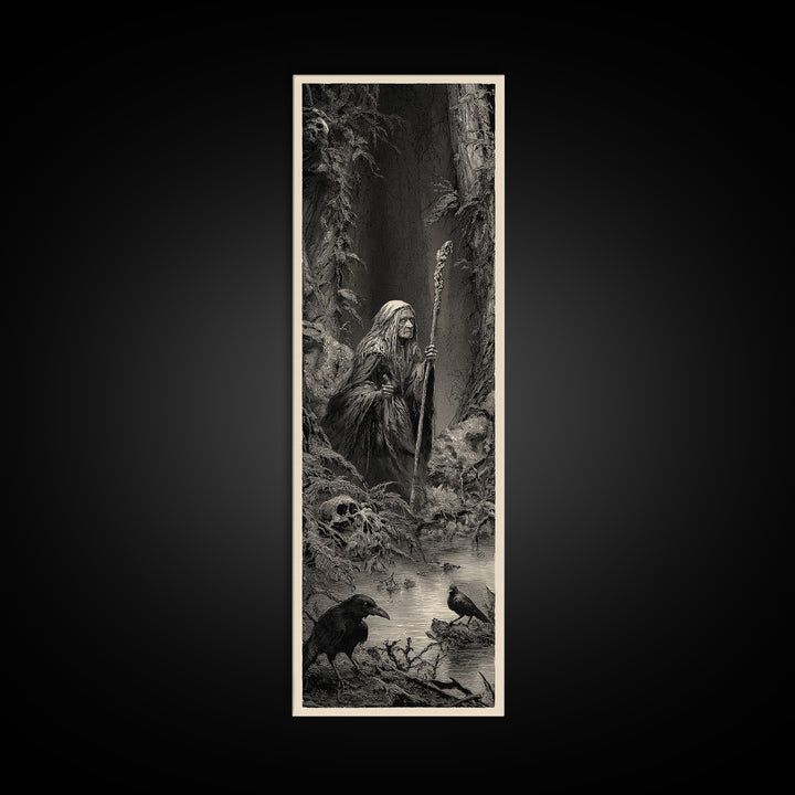The Swamp Witch, Gothic Engraving Art, Tall Narrow Wall Art, Macabre Wall Art, Framed Canvas Print, Halloween Wall Art