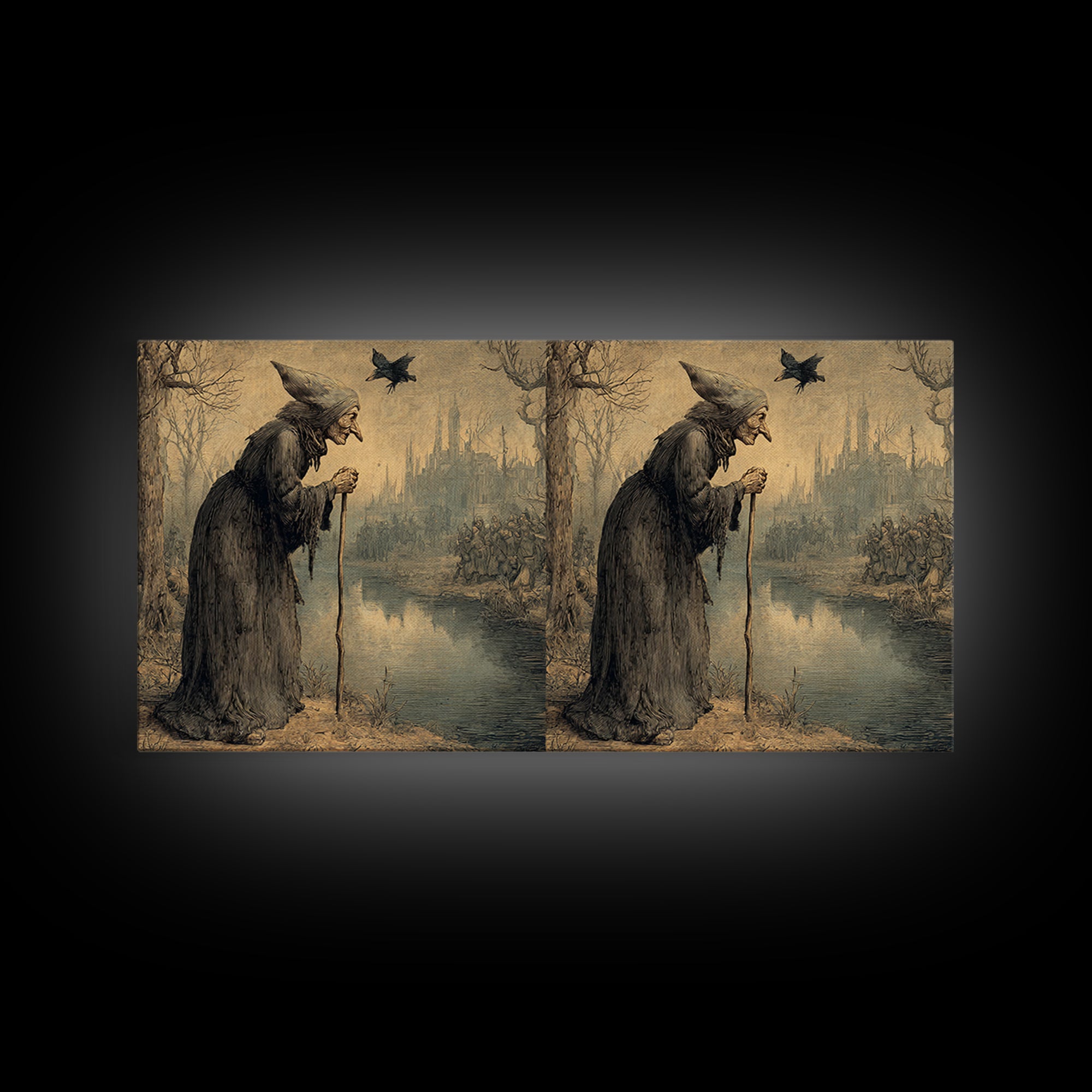 The Swamp Witch, Northern Renaissance Horror, Wide Panoramic Art, Dark Halloween Decor, Canvas Print, Halloween Wall Art