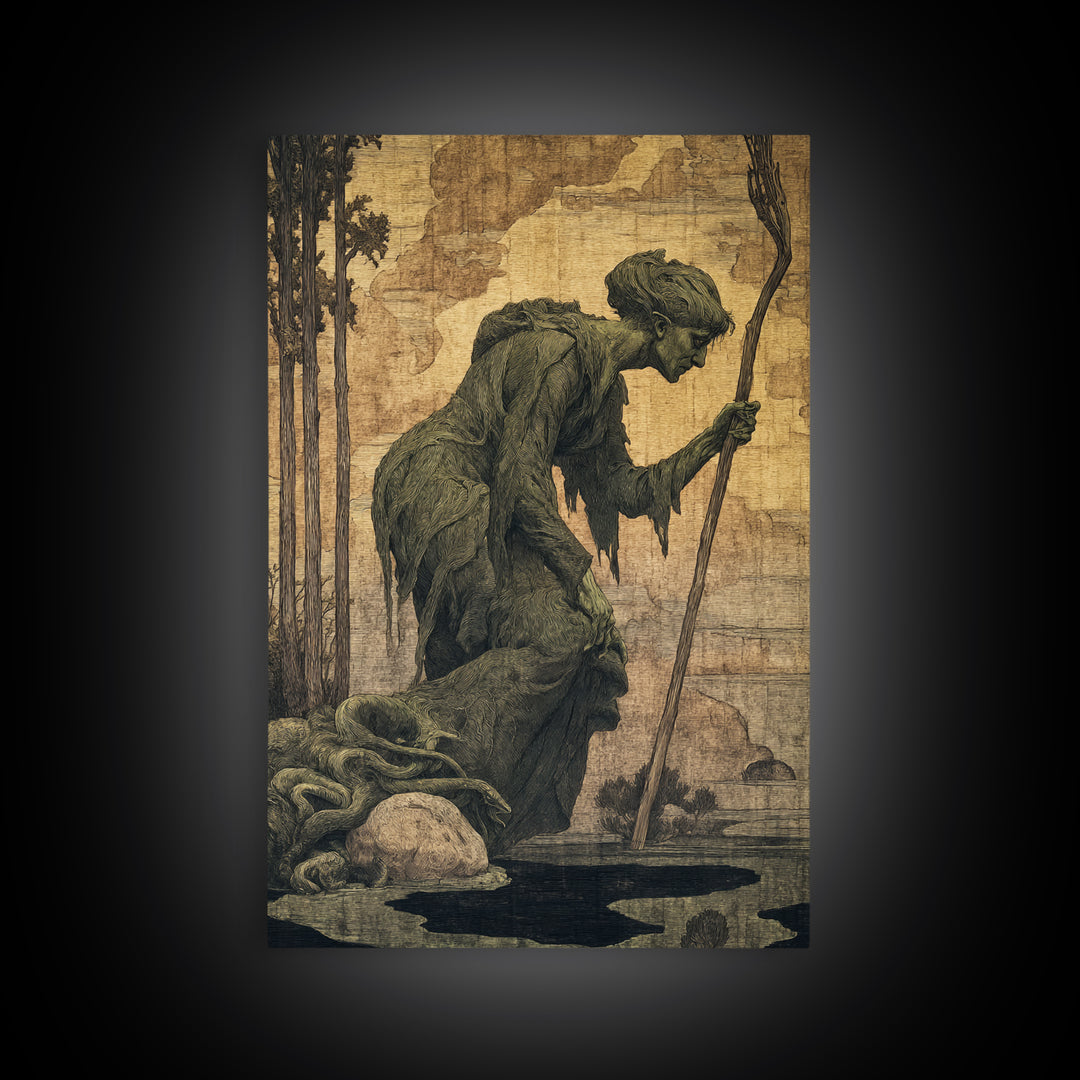 The Swamp Witch, Dark Symbolist Art, Vertical Wall Art, Dark Fantasy Wall Art, Framed Canvas Print, Halloween Wall Art