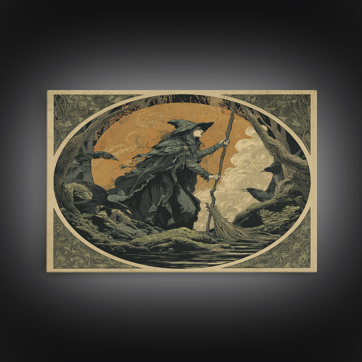 The Swamp Witch, Symbolist Etching Art, Square Wall Art, Dark Halloween Decor, Canvas Print, Halloween Wall Art, Gothic Home Decor