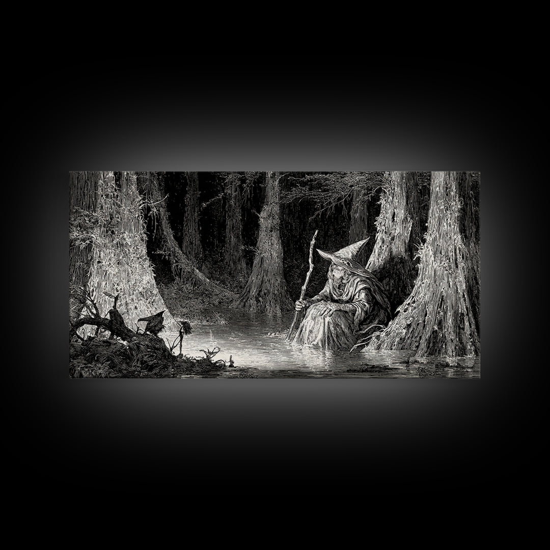 The Swamp Witch, Expressionist Nightmare Art, Wide Panoramic Art, Dark Fantasy Wall Art, Canvas Print, Halloween Wall Art, Dark Fantasy Art