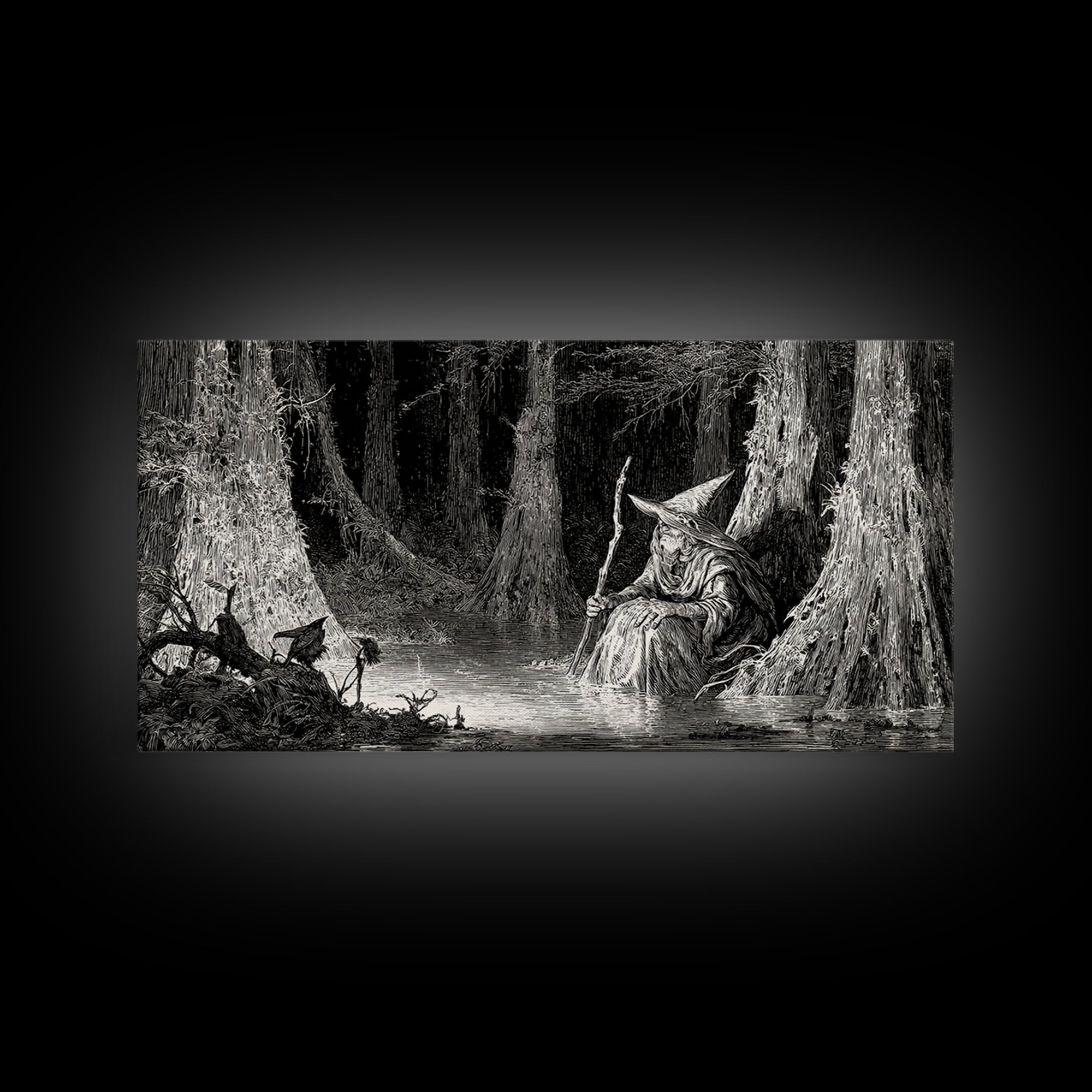 The Swamp Witch, Expressionist Nightmare Art, Wide Panoramic Art, Dark Fantasy Wall Art, Canvas Print, Halloween Wall Art, Dark Fantasy Art