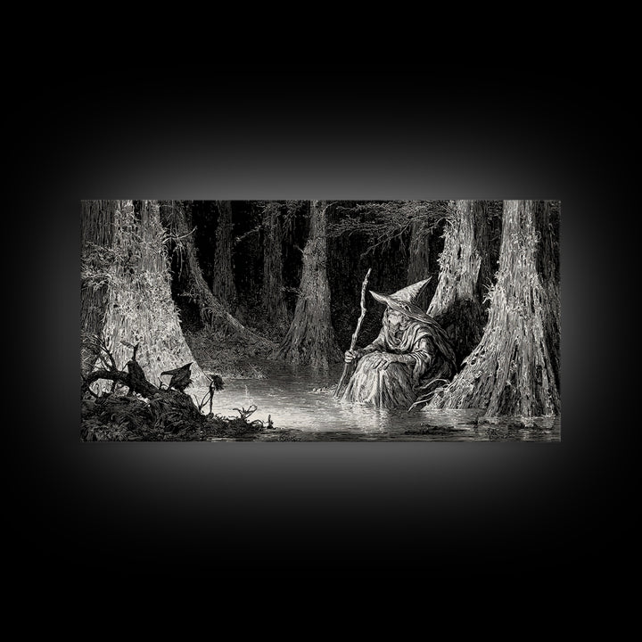 The Swamp Witch, Expressionist Nightmare Art, Wide Panoramic Art, Dark Fantasy Wall Art, Canvas Print, Halloween Wall Art, Dark Fantasy Art