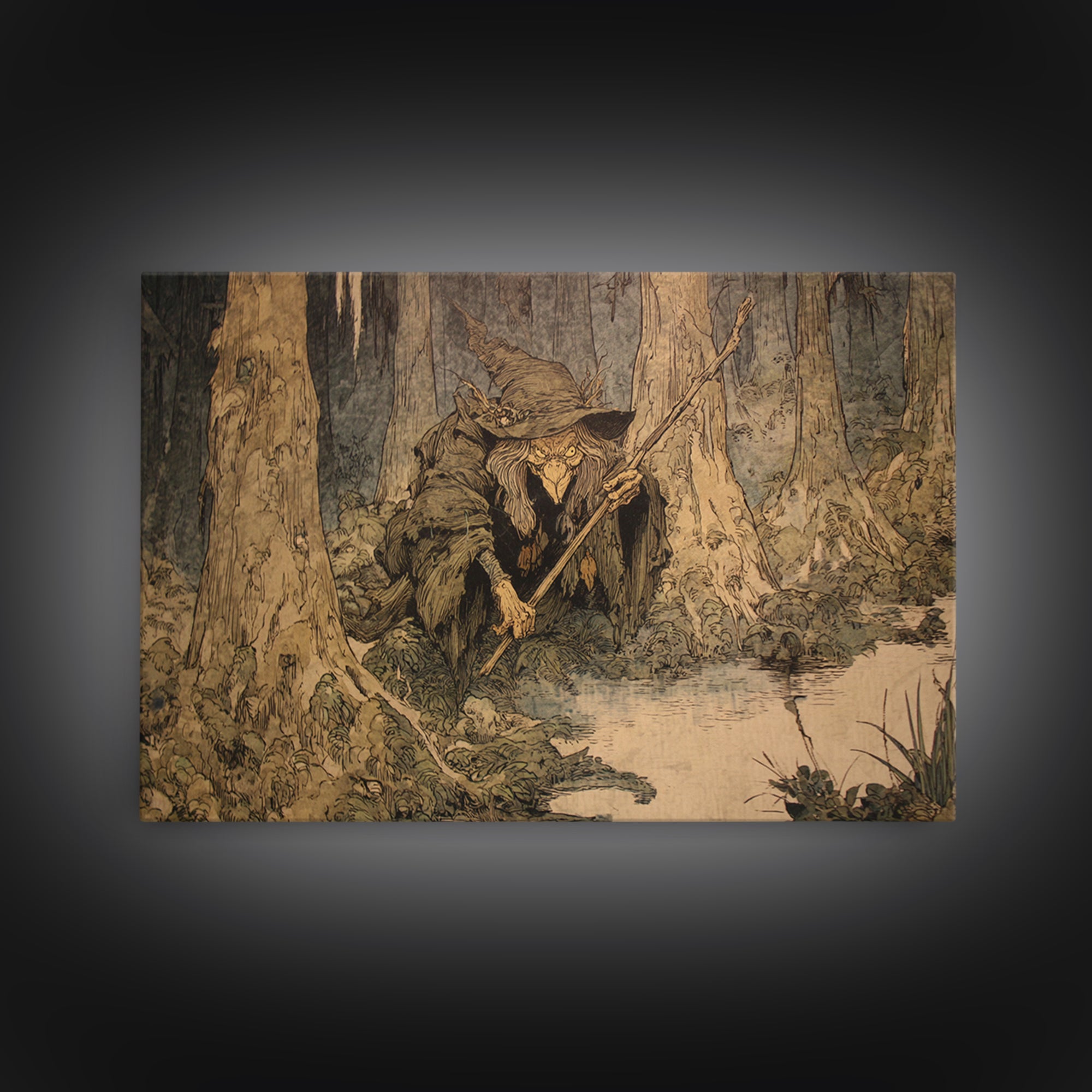 The Swamp Witch, Gothic Storybook Art, Landscape Wall Art, Dark Halloween Decor, Canvas Print, Halloween Wall Art, Macabre Wall Art