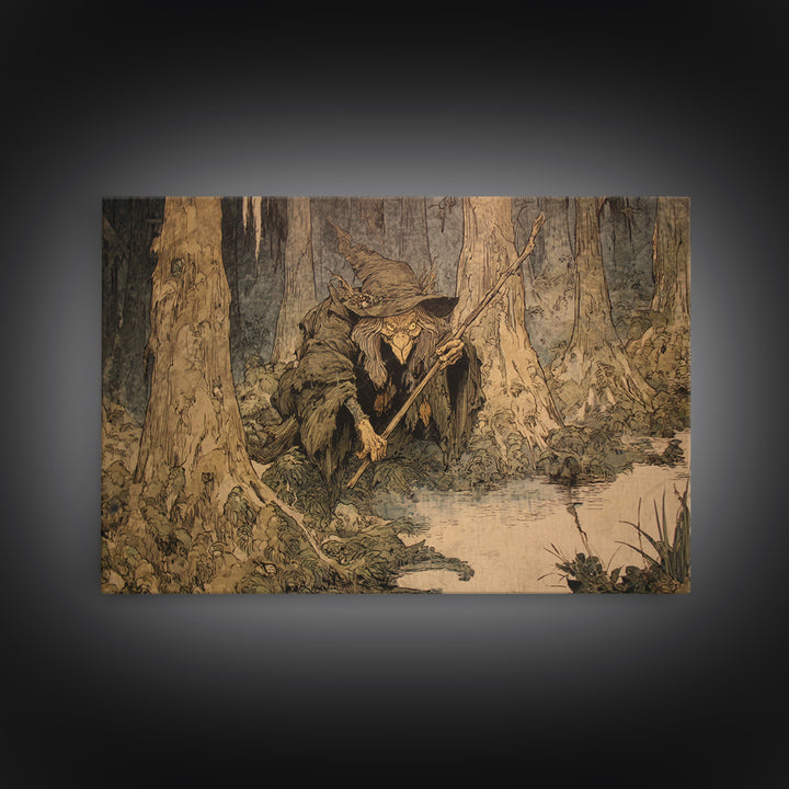The Swamp Witch, Gothic Storybook Art, Landscape Wall Art, Dark Halloween Decor, Canvas Print, Halloween Wall Art, Macabre Wall Art
