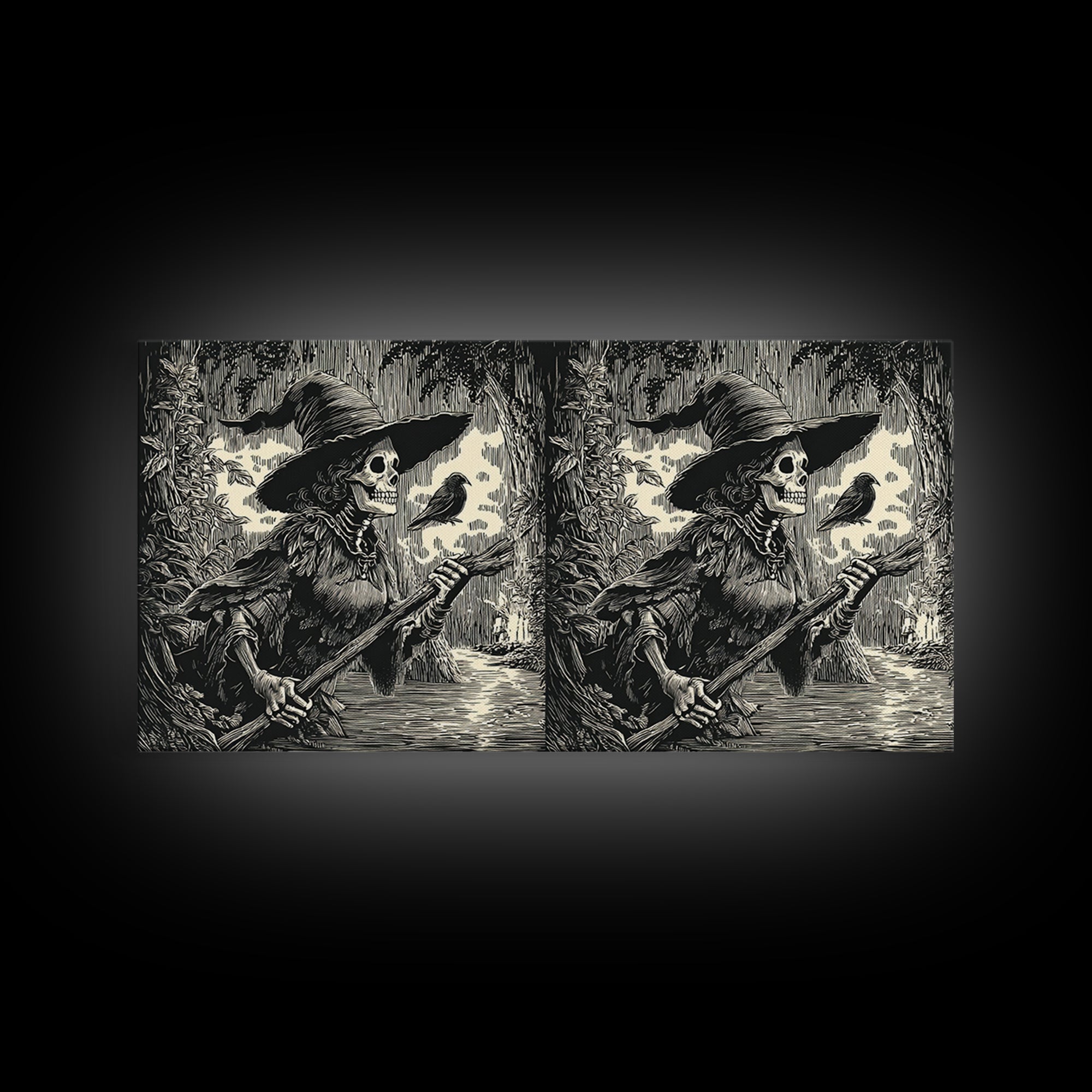 The Swamp Witch, Macabre Folk Print Art, Wide Panoramic Art, Dark Fantasy Wall Art, Canvas Print, Halloween Wall Art