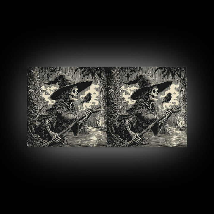 The Swamp Witch, Macabre Folk Print Art, Wide Panoramic Art, Dark Fantasy Wall Art, Canvas Print, Halloween Wall Art