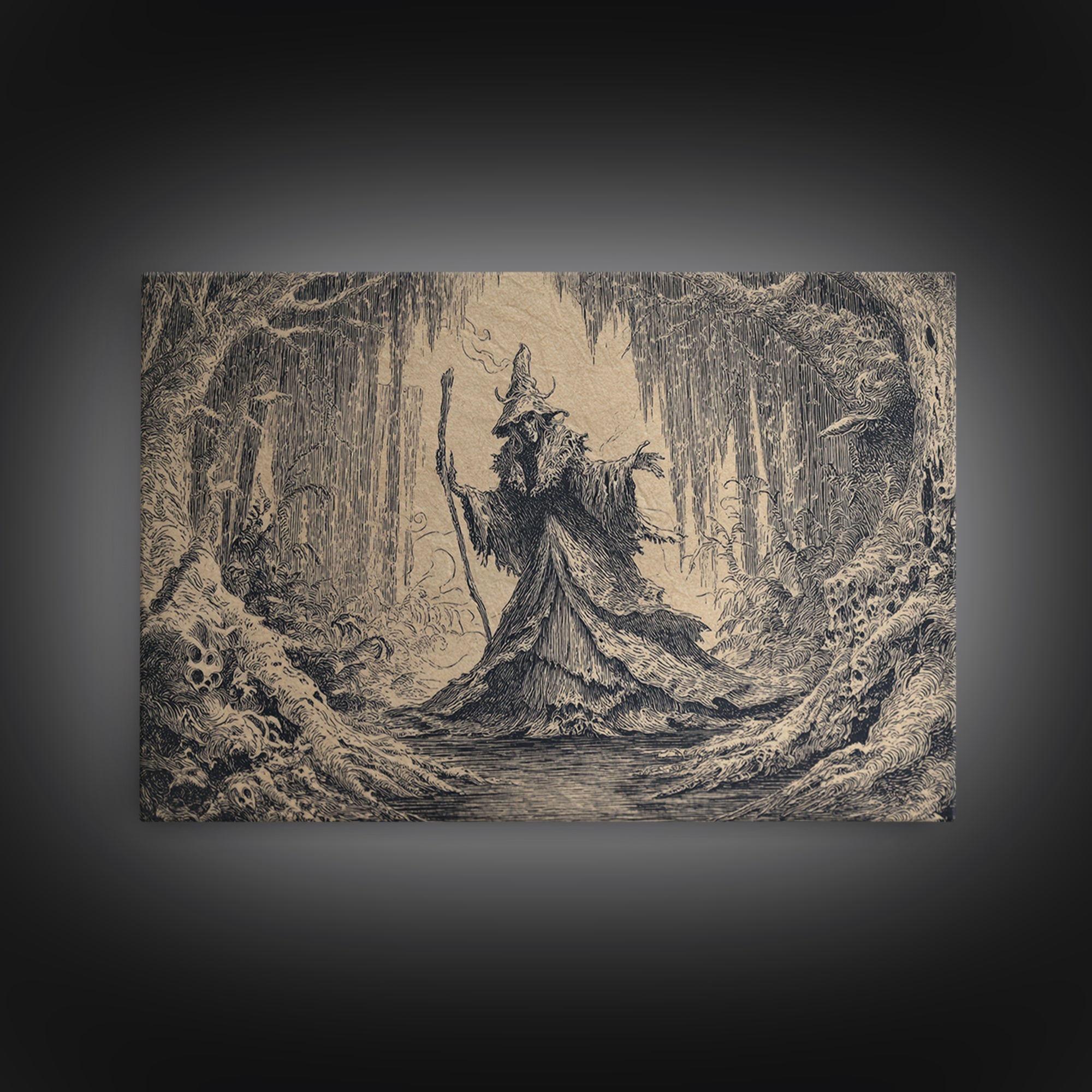 The Swamp Witch, Victorian Macabre Art, Landscape Wall Art, Macabre Wall Art, Framed Canvas Print, Halloween Wall Art, Horror Wall Art