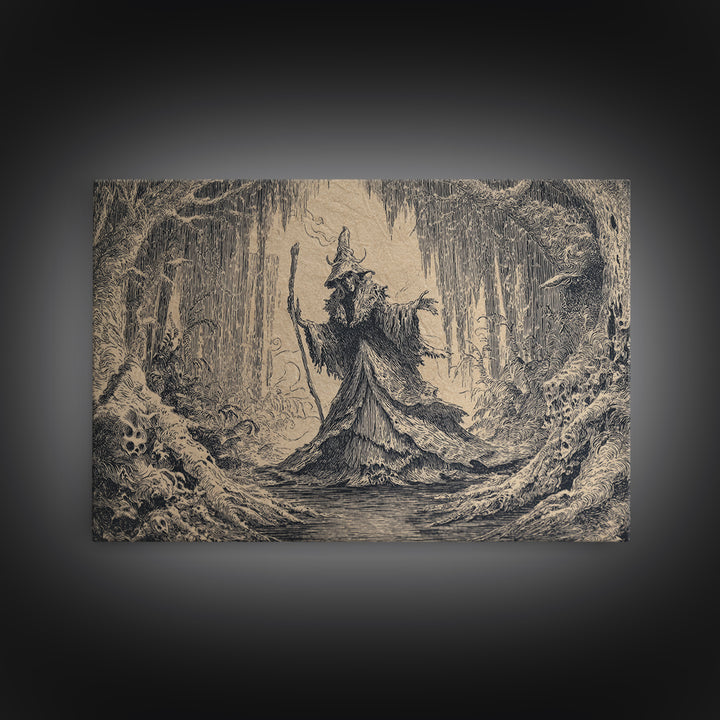 The Swamp Witch, Victorian Macabre Art, Landscape Wall Art, Macabre Wall Art, Framed Canvas Print, Halloween Wall Art, Horror Wall Art