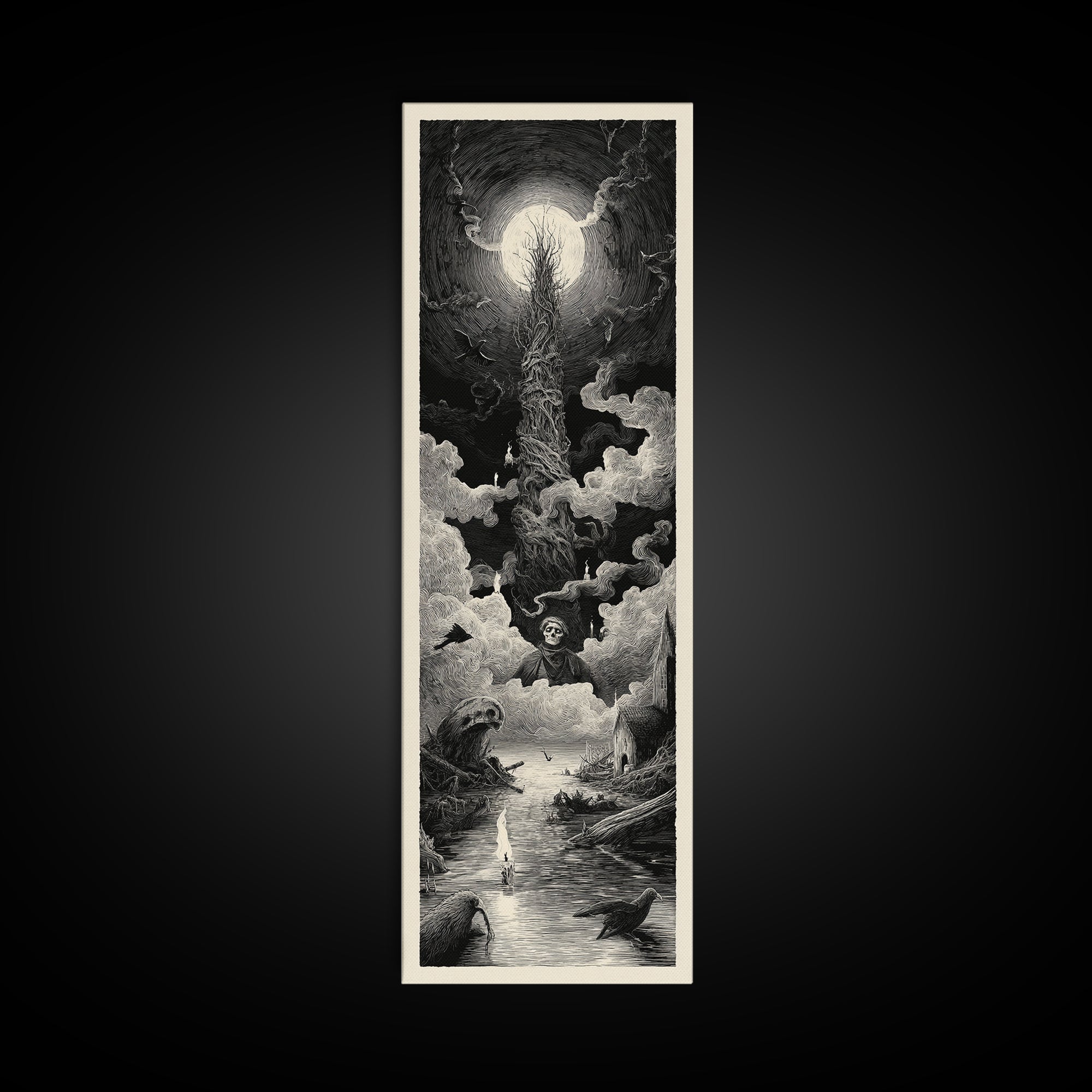 The Bog Mummy, Gothic Engraving Art, Tall Narrow Wall Art, Macabre Wall Art, Canvas Print, Halloween Wall Art, Dark Fantasy Art