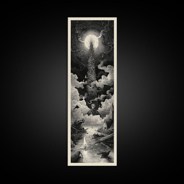 The Bog Mummy, Gothic Engraving Art, Tall Narrow Wall Art, Macabre Wall Art, Canvas Print, Halloween Wall Art, Dark Fantasy Art
