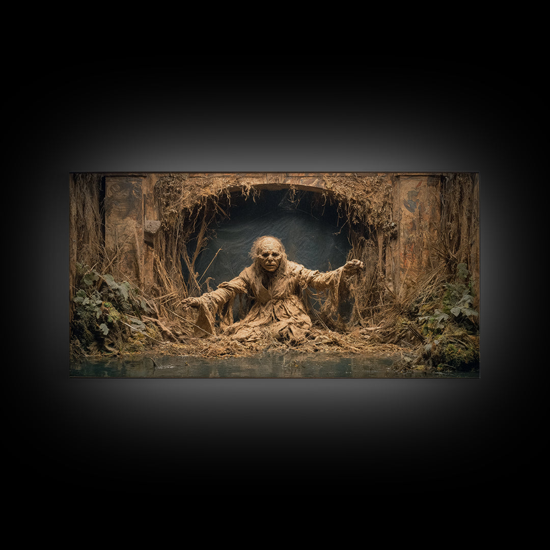 The Bog Mummy, Northern Renaissance Horror, Wide Panoramic Art, Dark Halloween Decor, Canvas Print, Halloween Wall Art